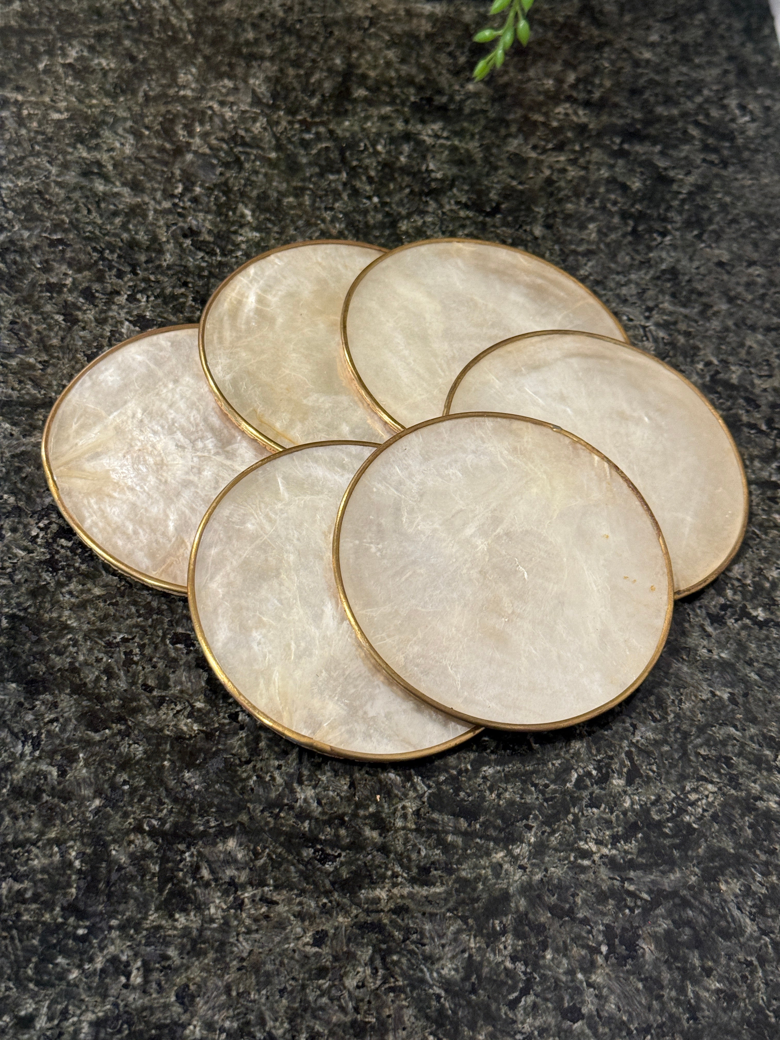 Set of 6 Vintage Capiz Shell Coasters with Brass Trim – 3 Inch