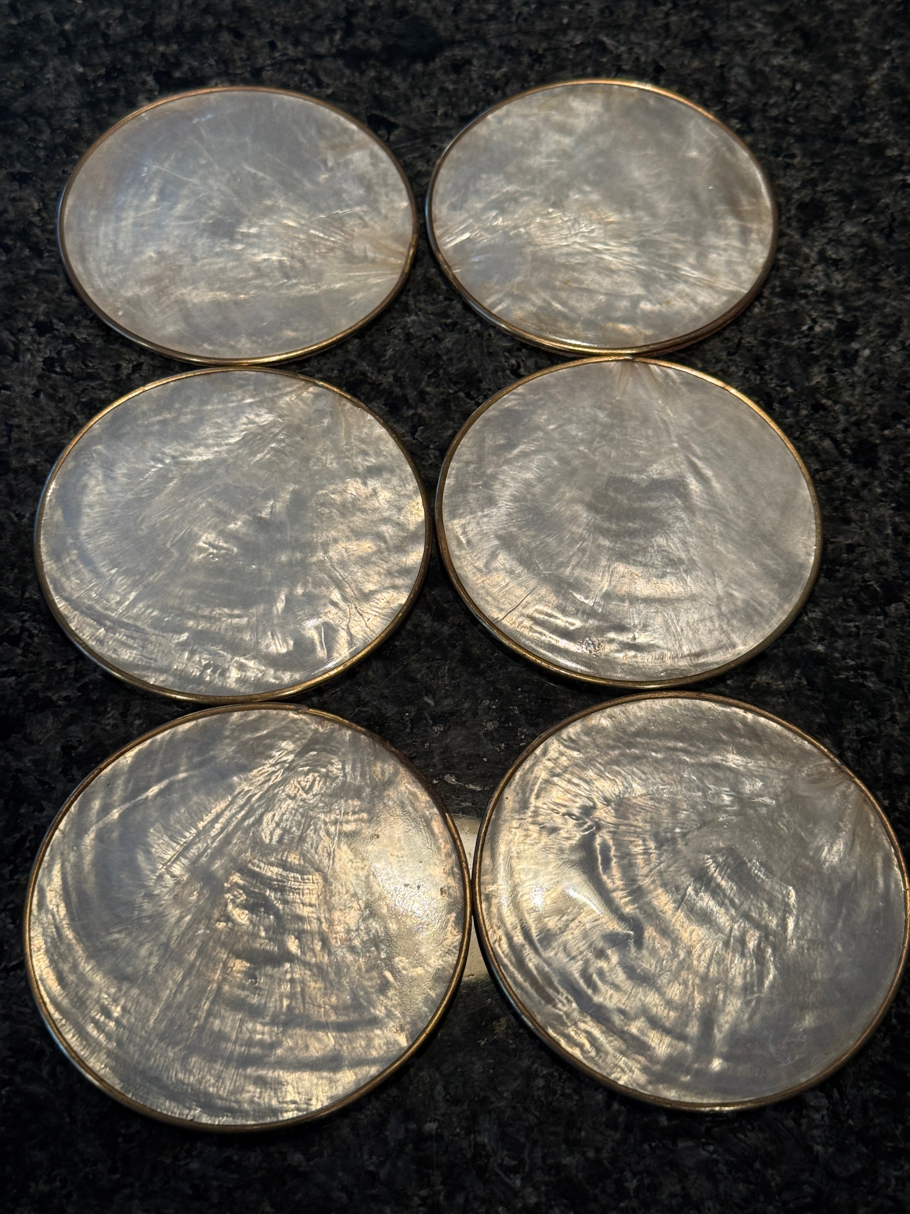 Set of 6 Vintage Capiz Shell Coasters with Brass Trim – 3 Inch