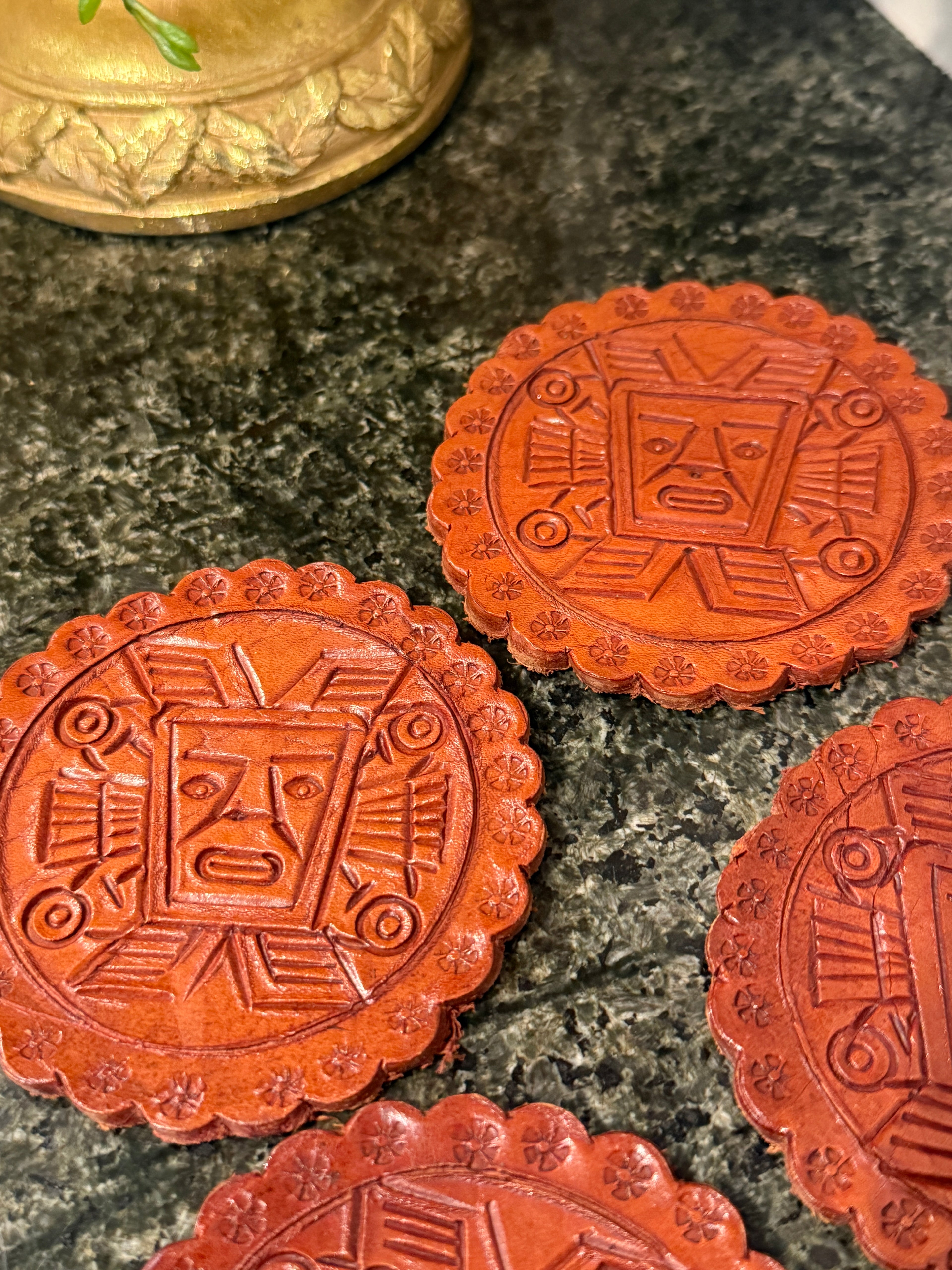 Set of 6 Hand-Carved Tooled Leather Coasters – Aztec/Mayan Design – 3.25 Inch