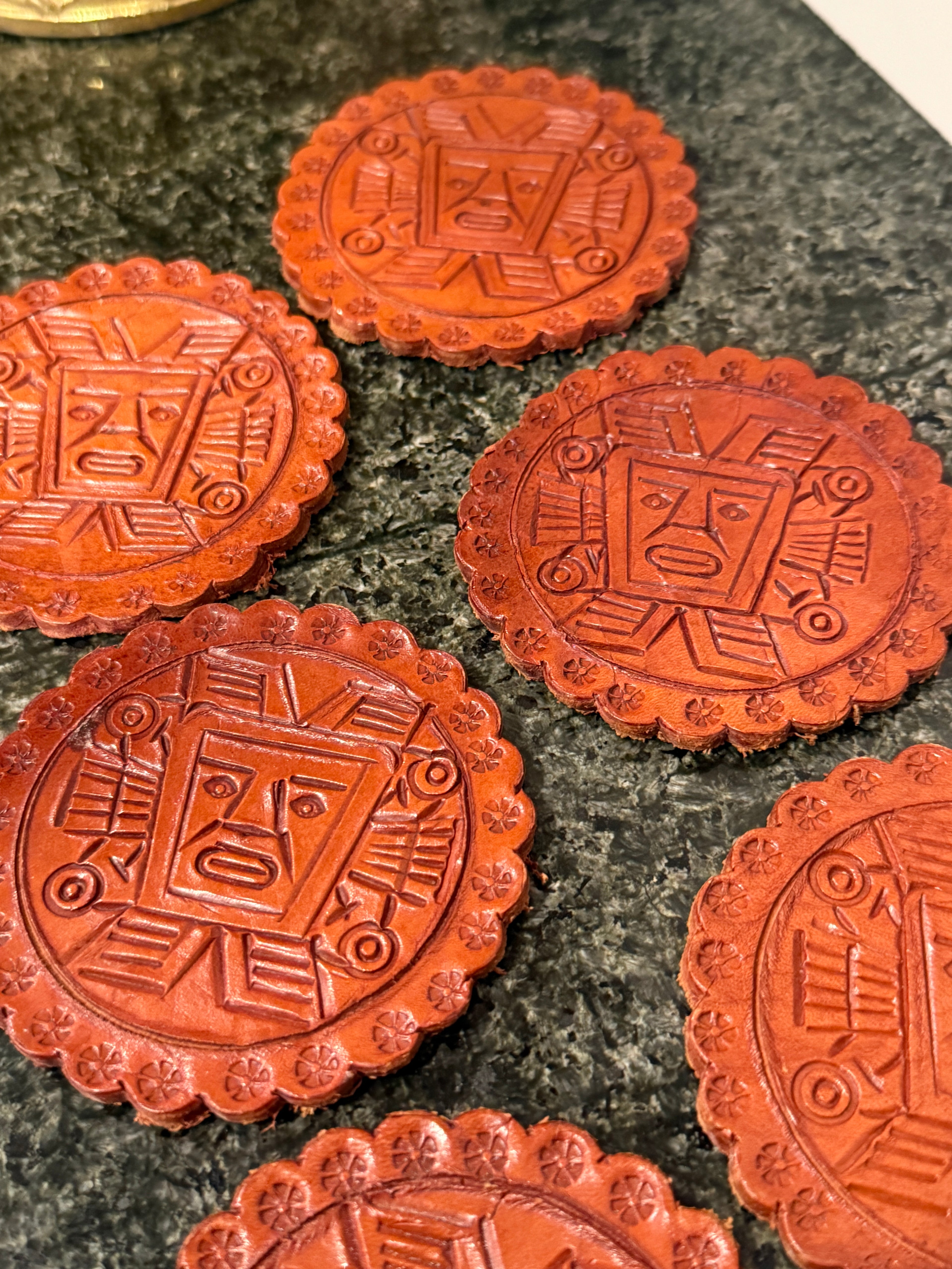 Set of 6 Hand-Carved Tooled Leather Coasters – Aztec/Mayan Design – 3.25 Inch