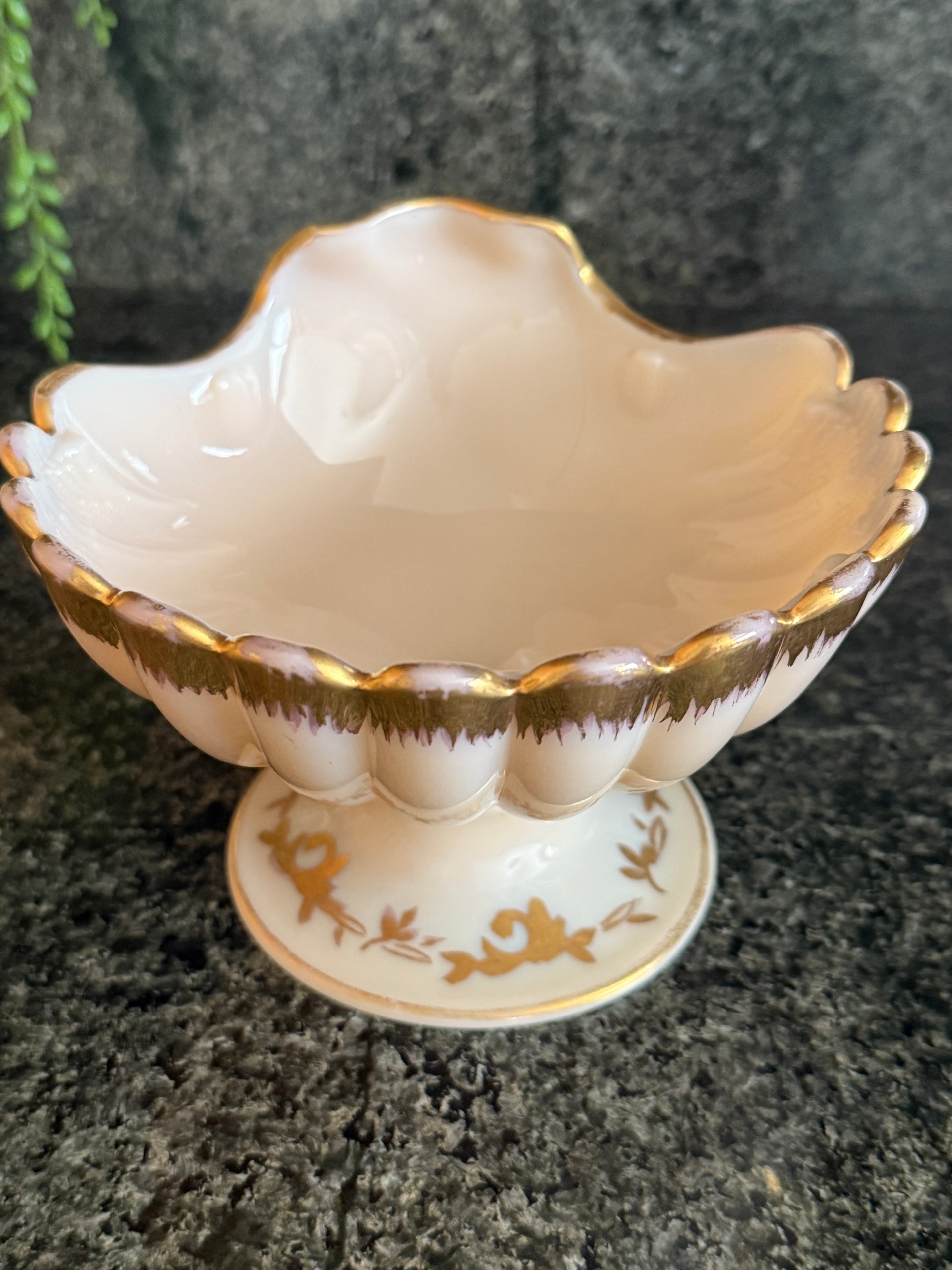 Vintage Cambridge Crown Tuscan “Sea Shell” Footed Compote | Pink Milk Glass Candy Dish with Gold Trim