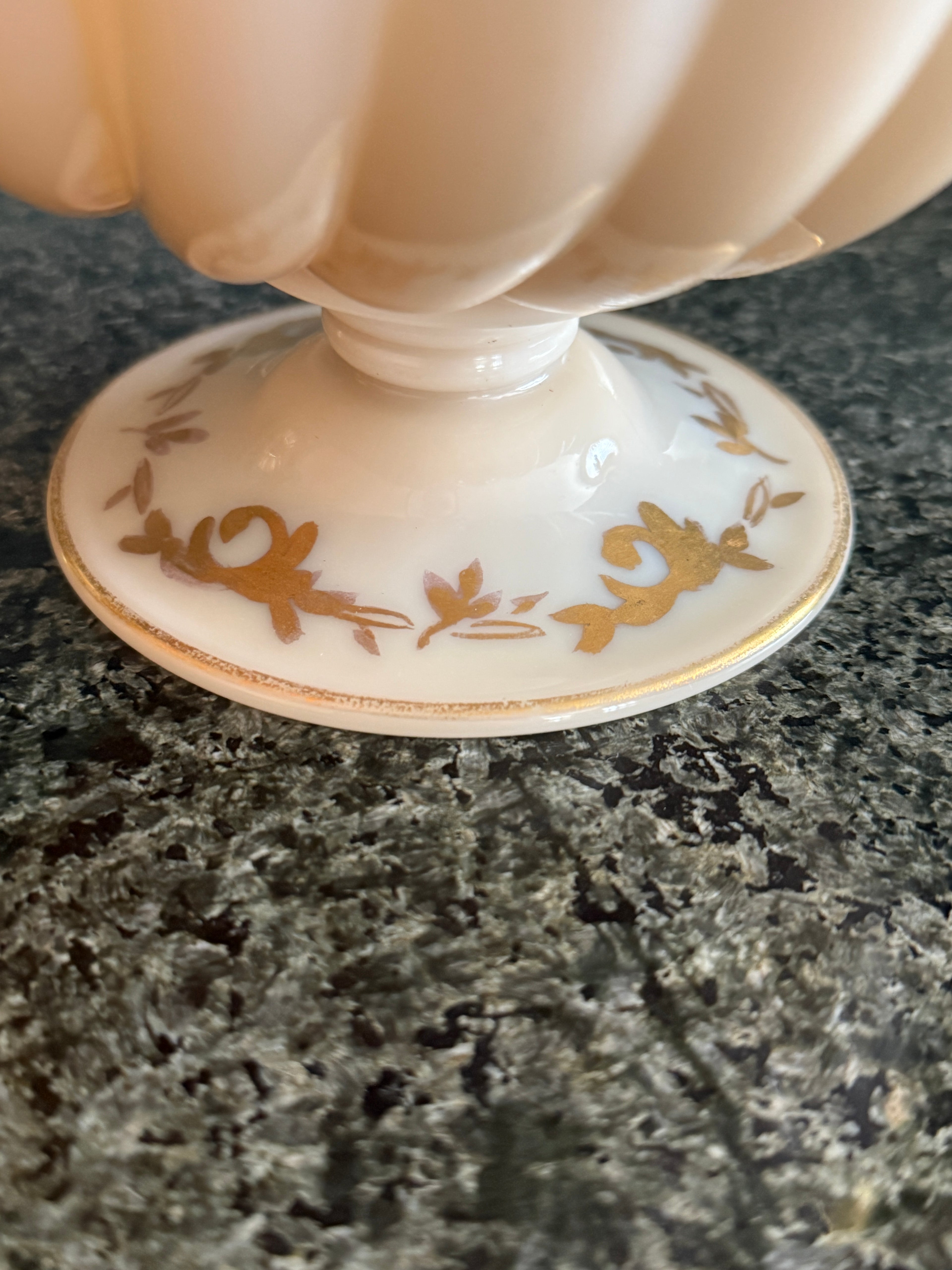 Vintage Cambridge Crown Tuscan “Sea Shell” Footed Compote | Pink Milk Glass Candy Dish with Gold Trim