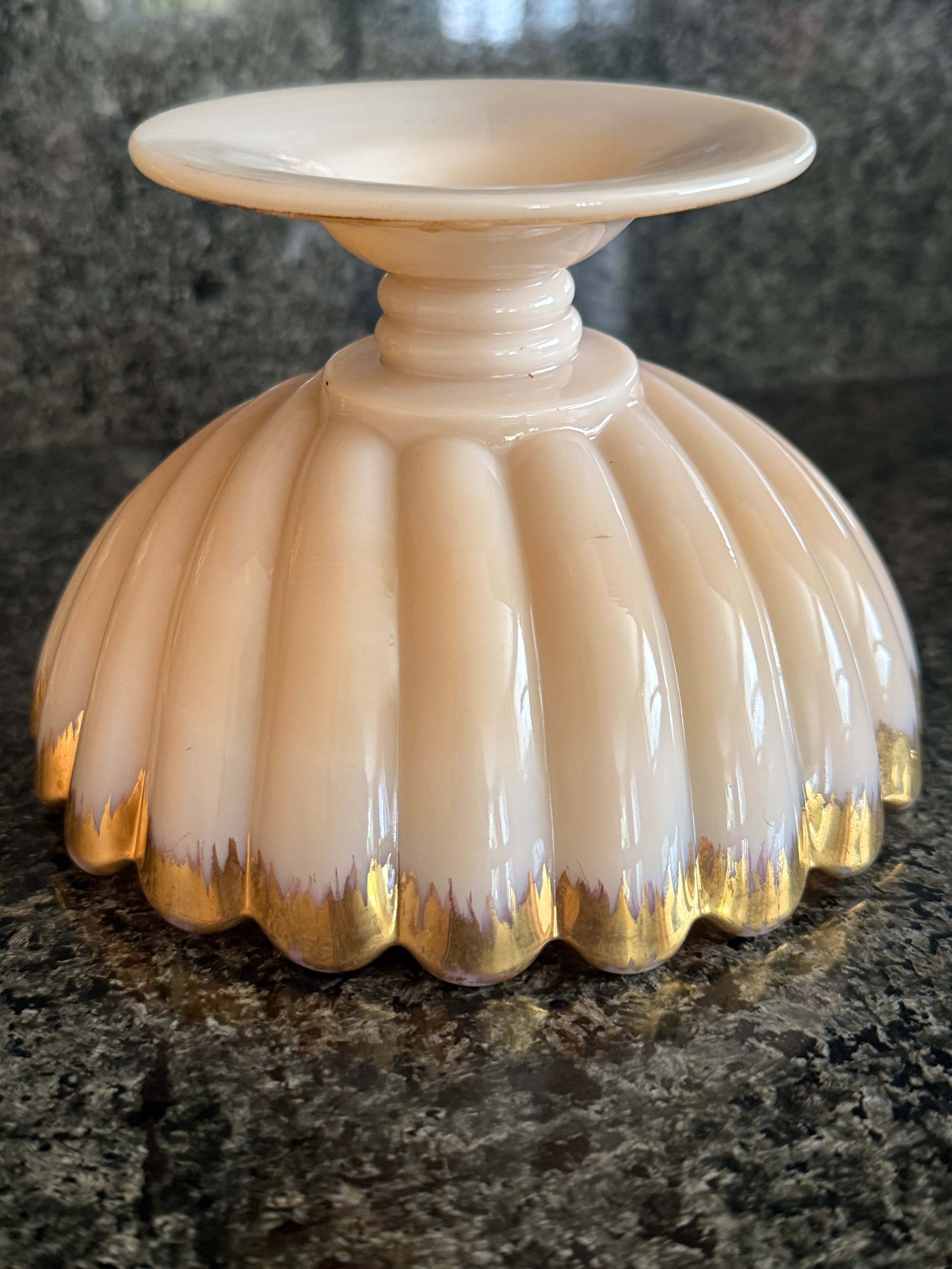 Vintage Cambridge Crown Tuscan “Sea Shell” Footed Compote | Pink Milk Glass Candy Dish with Gold Trim