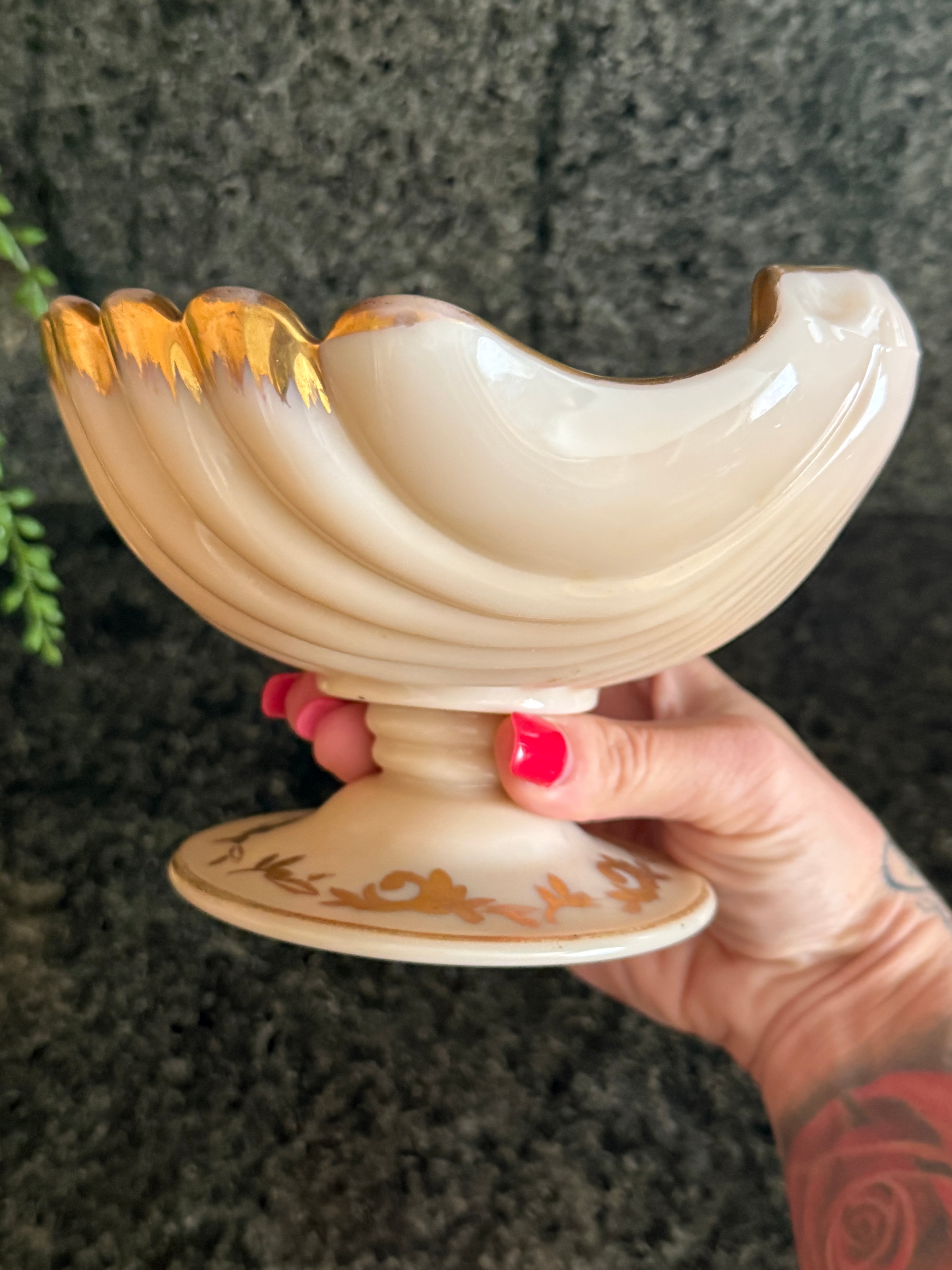 Vintage Cambridge Crown Tuscan “Sea Shell” Footed Compote | Pink Milk Glass Candy Dish with Gold Trim