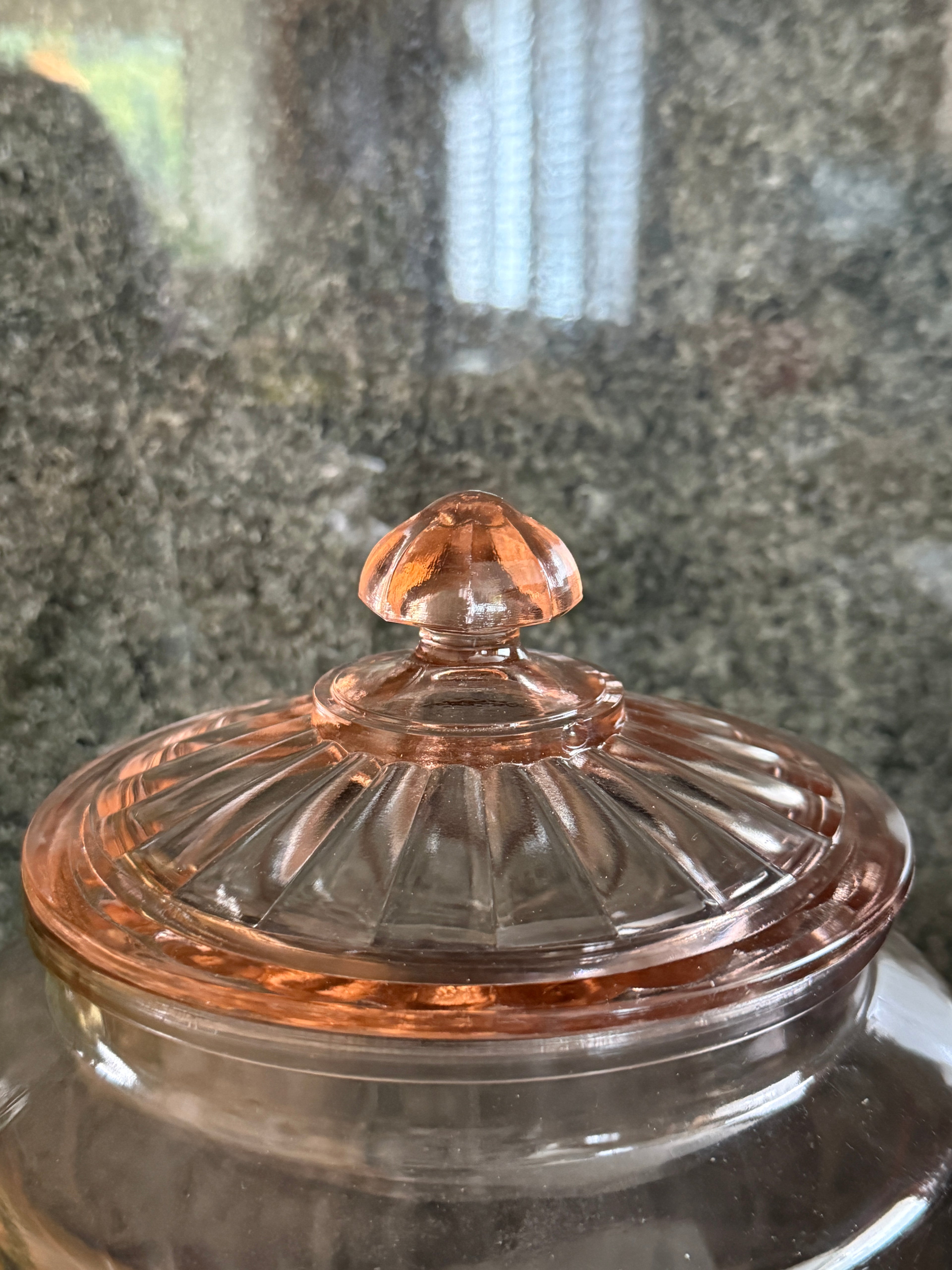 Vintage Depression Era Pink Ribbed Glass Biscuit Jar with Lid – 11” Tall