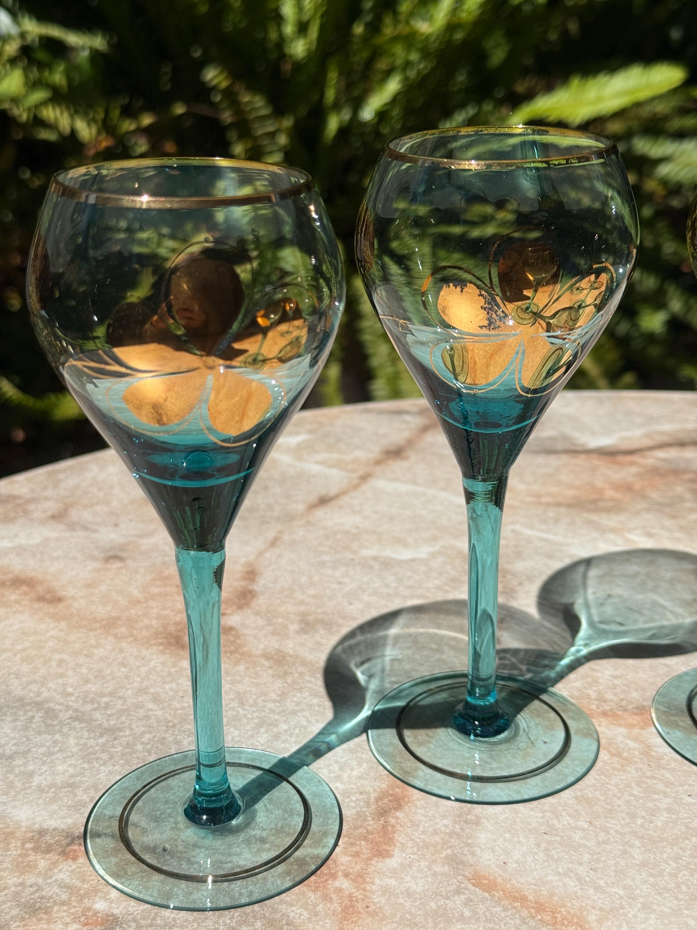 Vintage Bohemian 22K Gold Floral Stemware – Set of 6 Hand-Painted Glasses