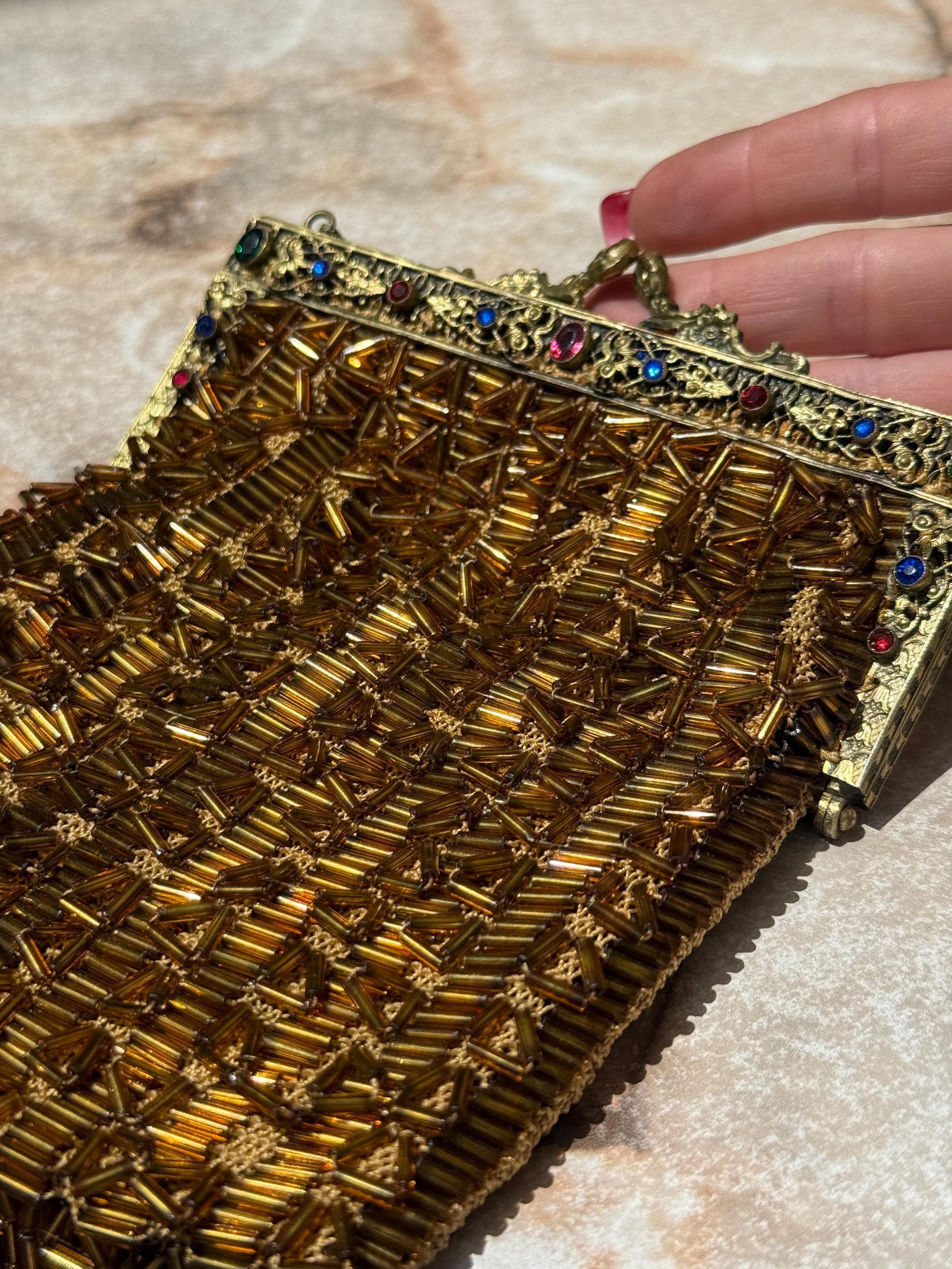 Art Deco Beaded Fringe Evening Bag with Ornate Brass Frame & Silk Interior – 1920s Vintage Glamour