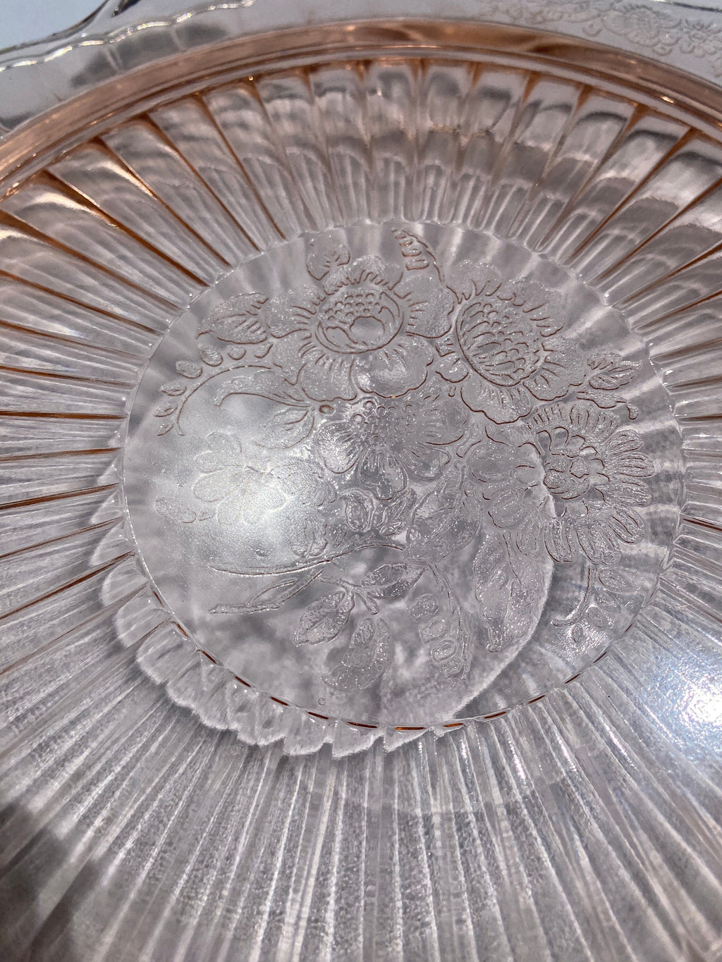 Pink Depression Cake Plate, Hocking Glass, Mayfair, Open Rose 1930s embossed, cake stand, pink elegance,  pink glass