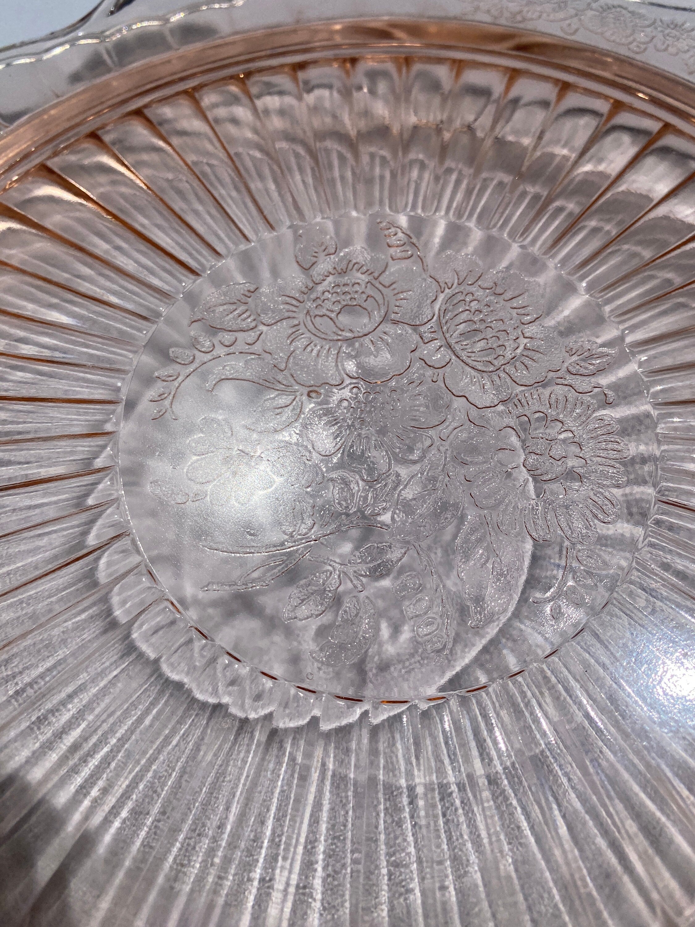 Pink Depression Cake Plate, Hocking Glass, Mayfair, Open Rose 1930s embossed, cake stand, pink elegance,  pink glass
