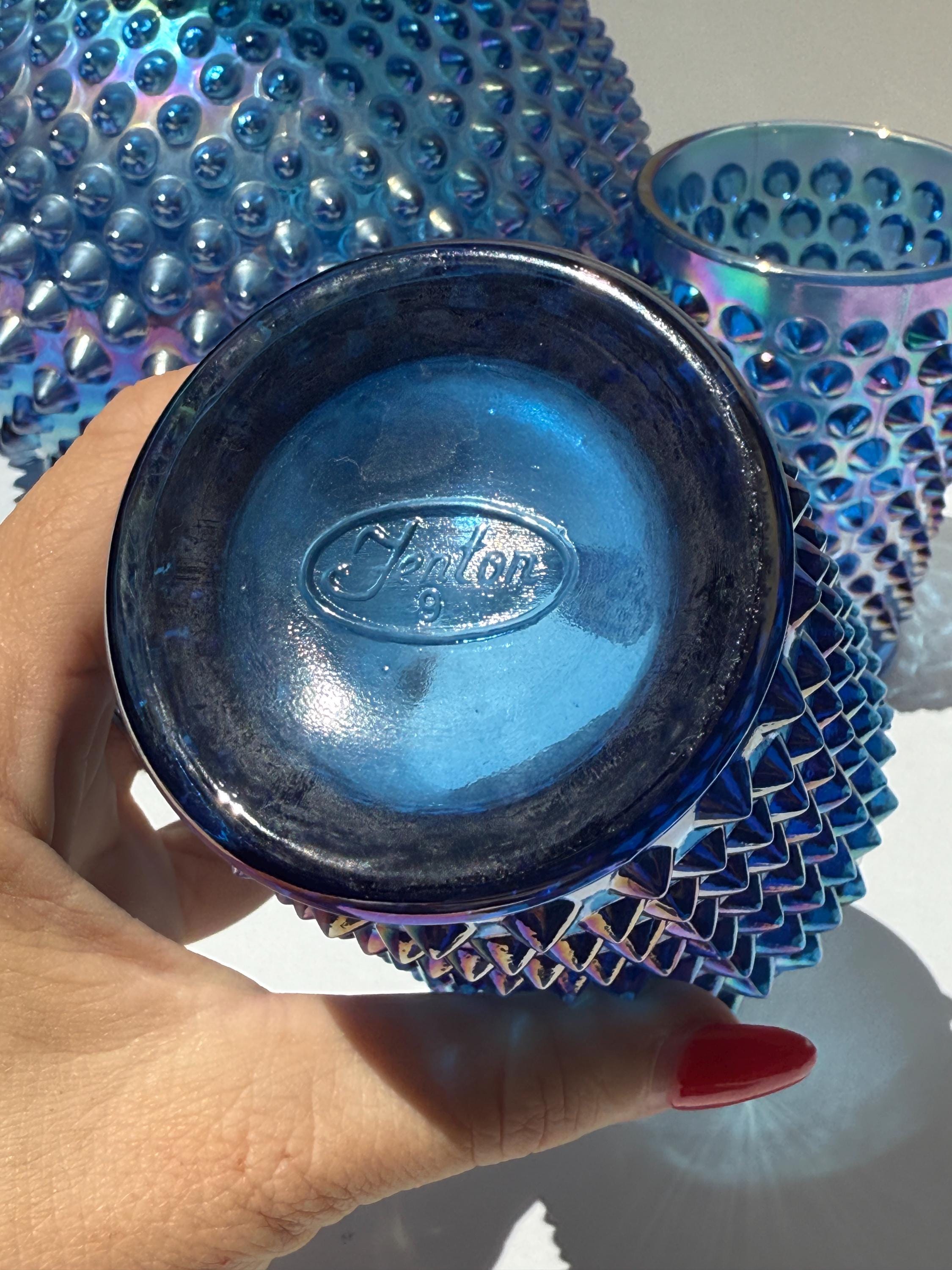 Vintage Fenton Blue Carnival Glass Hobnail Pitcher & Tumbler Set – 5 Piece – Iridescent 1992