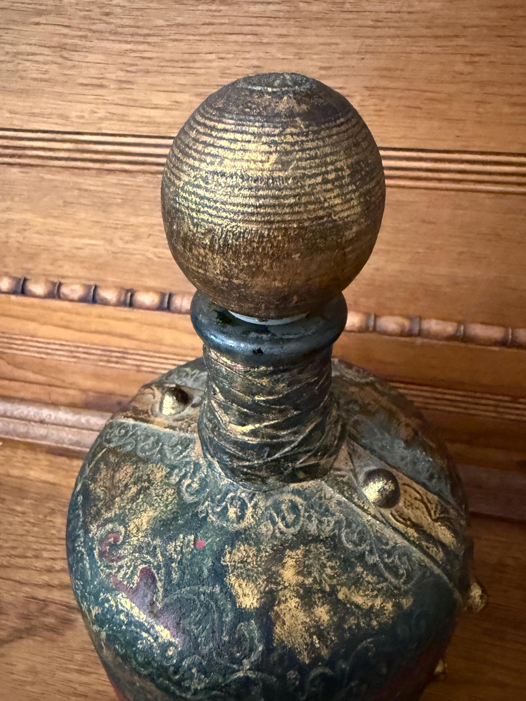 Vintage Leather Wrapped Green Glass Bottle Decanter – Embossed Fleur-de-Lis Design – 11” Tall