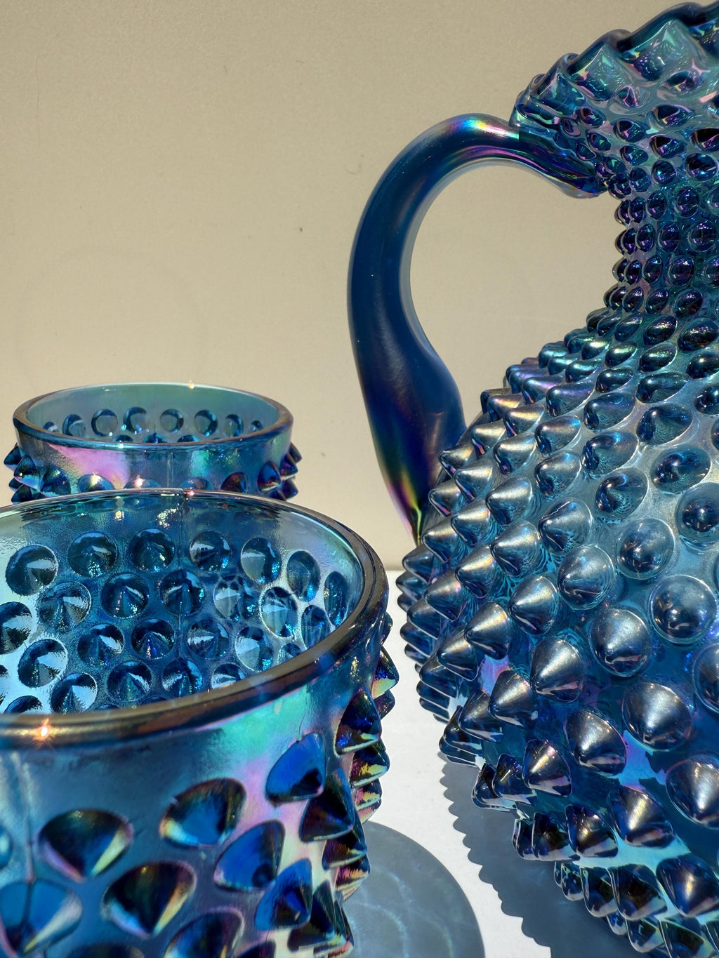 Vintage Fenton Blue Carnival Glass Hobnail Pitcher & Tumbler Set – 5 Piece – Iridescent 1992