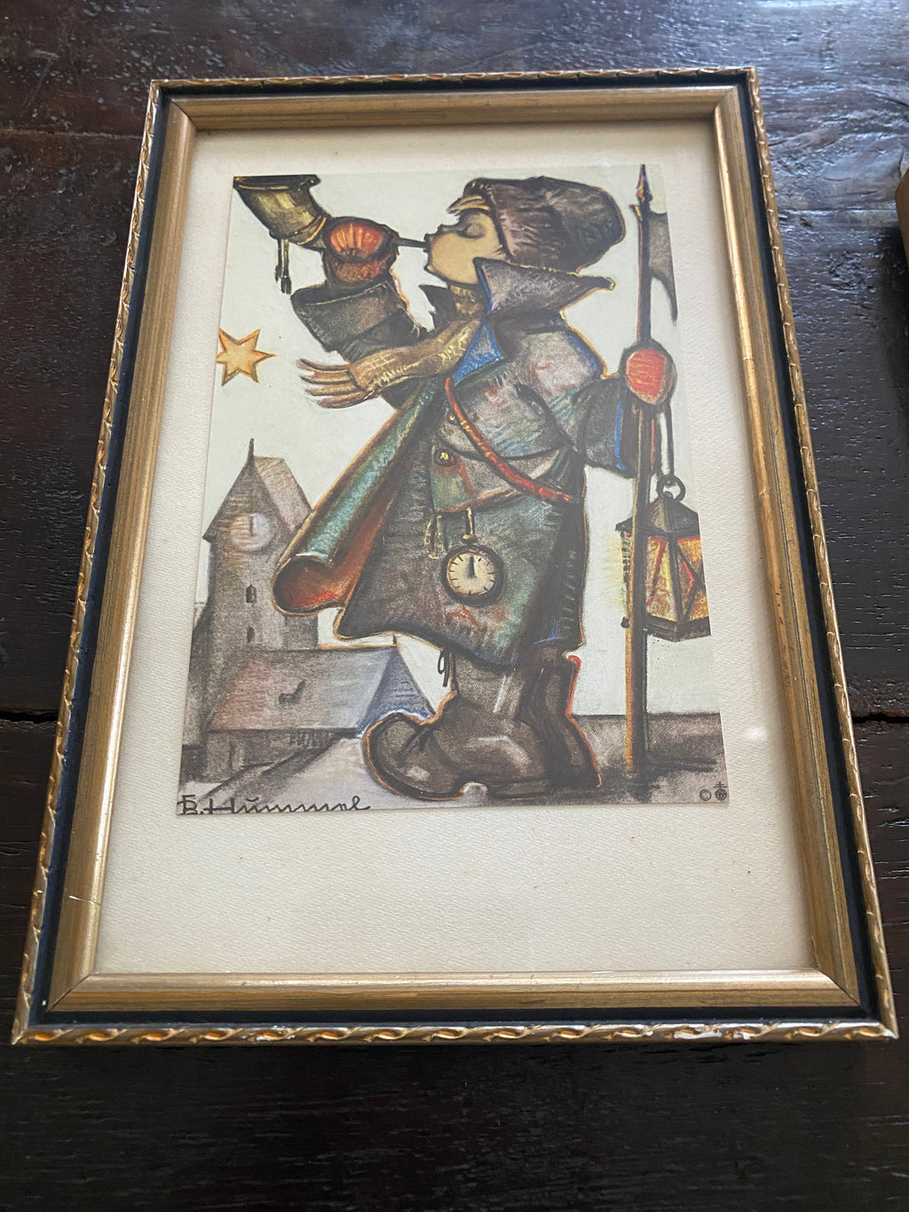 Vintage 1950s Hummel Pencil Drawing Prints in Hanging Frames - Set of 2
