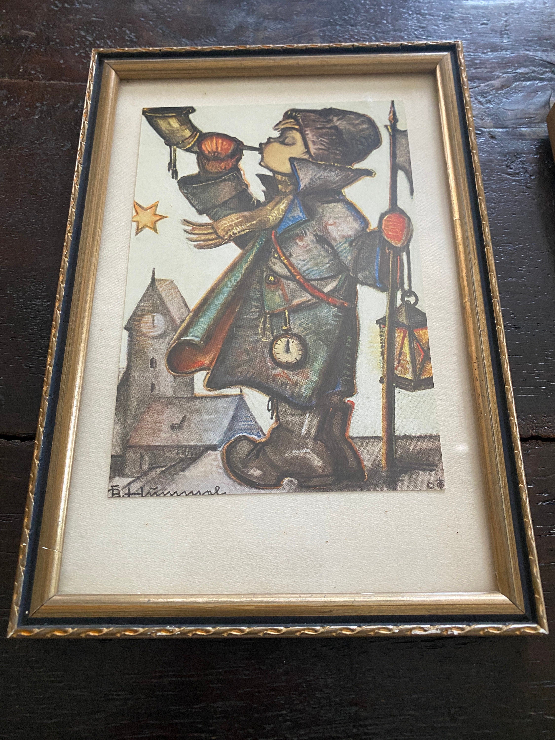 Vintage 1950s Hummel Pencil Drawing Prints in Hanging Frames - Set of 2