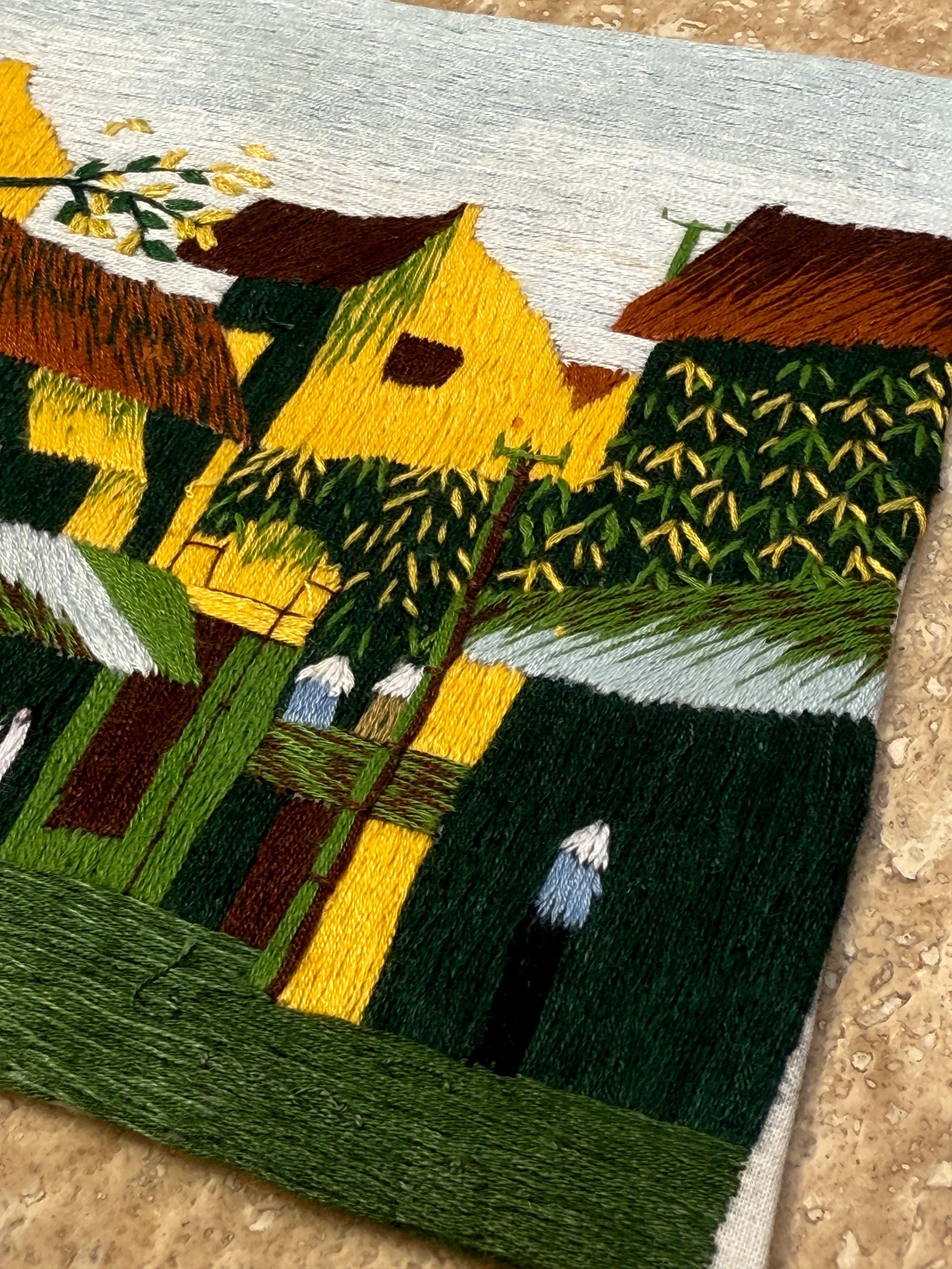 Set of 2 Handmade Embroidered Art Pieces – Harvest & Town Scene – Intricate Thread Detail on Cloth, Ready to Frame