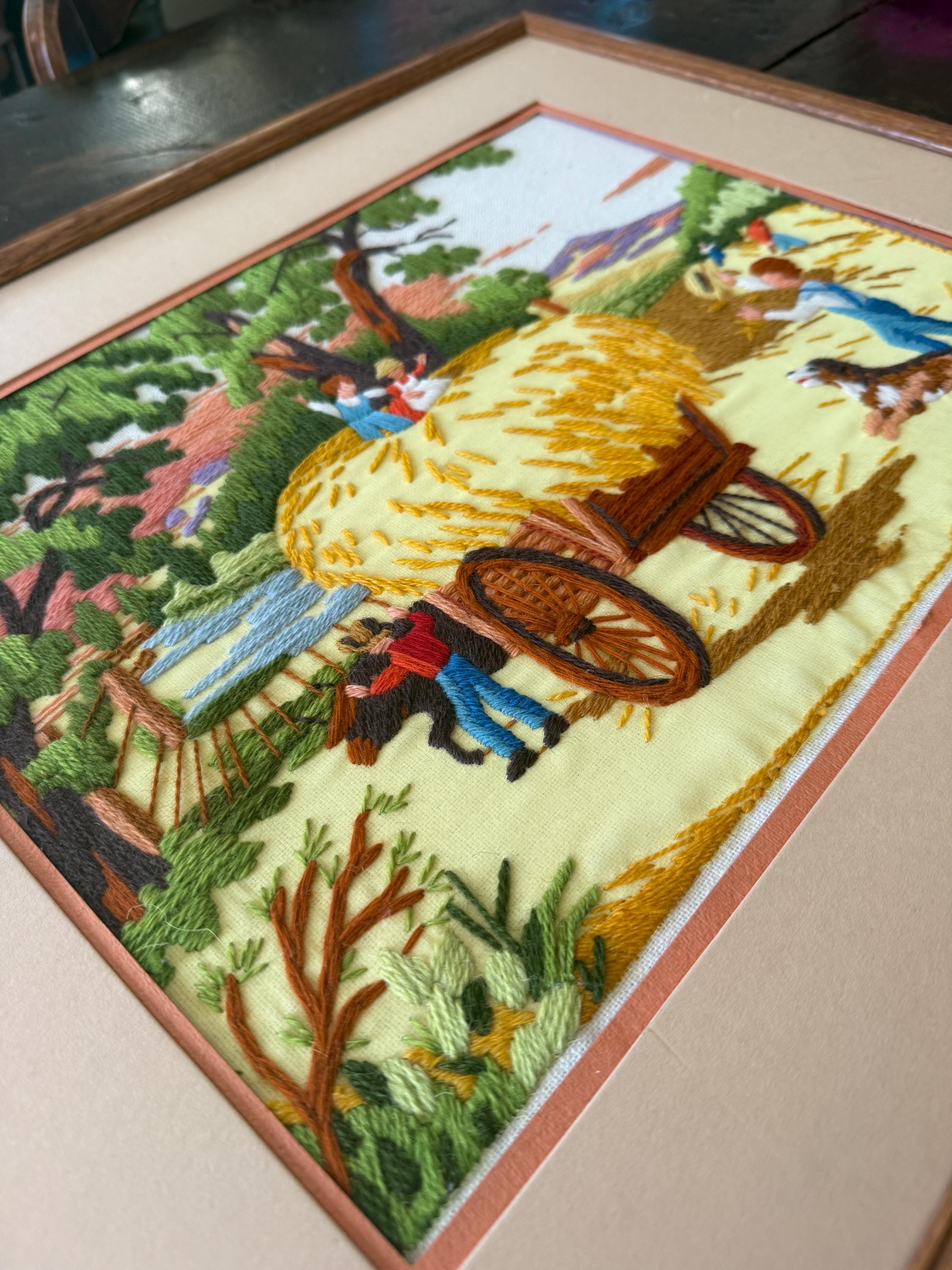 Vintage Framed Crewel Embroidery Art – Handmade Needlework – Harvest