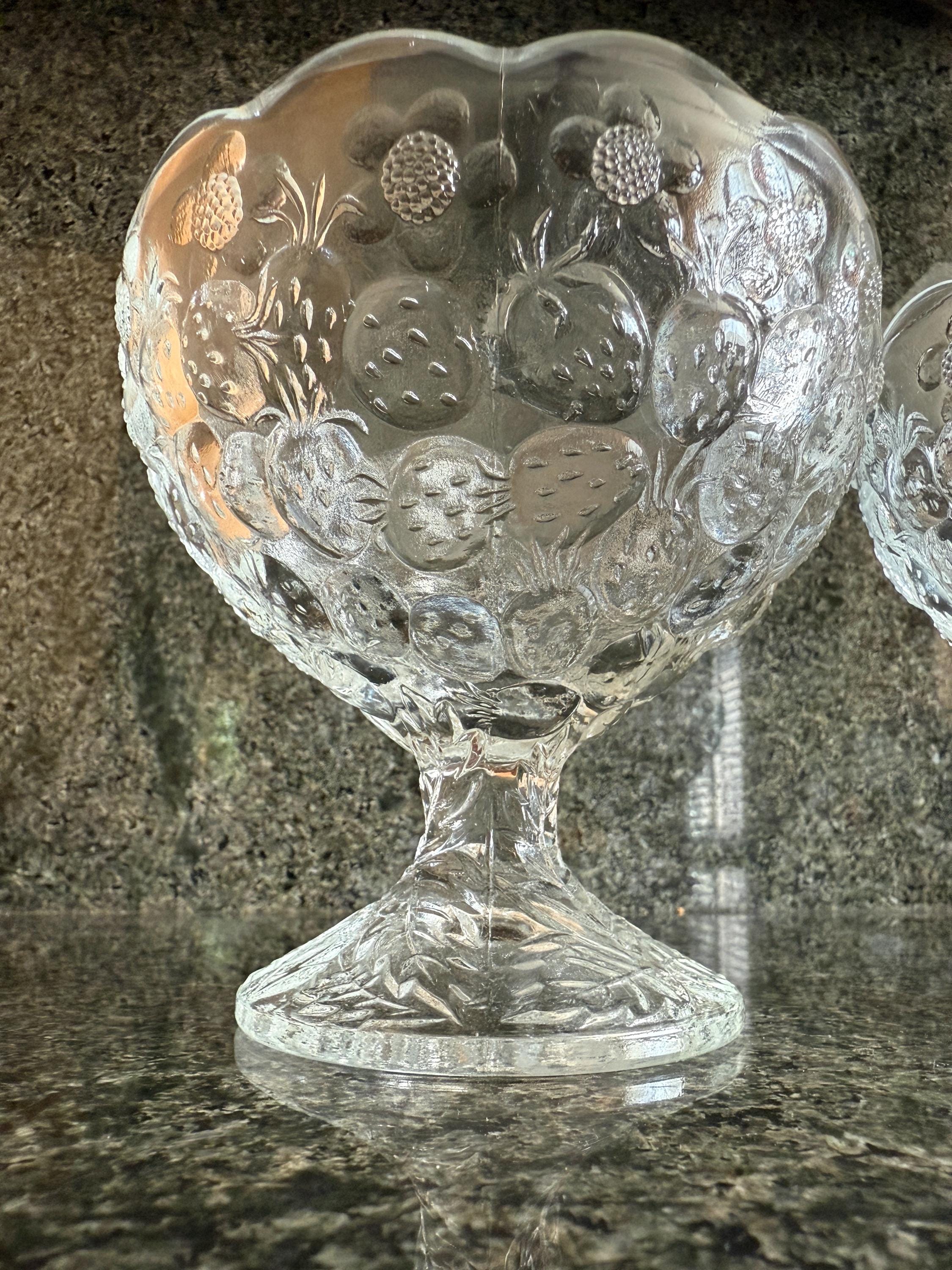 Vintage MCM Pressed Glass Fruit Bowls – Pair with Strawberry & Floral Detail, Scalloped Edge, 5x5