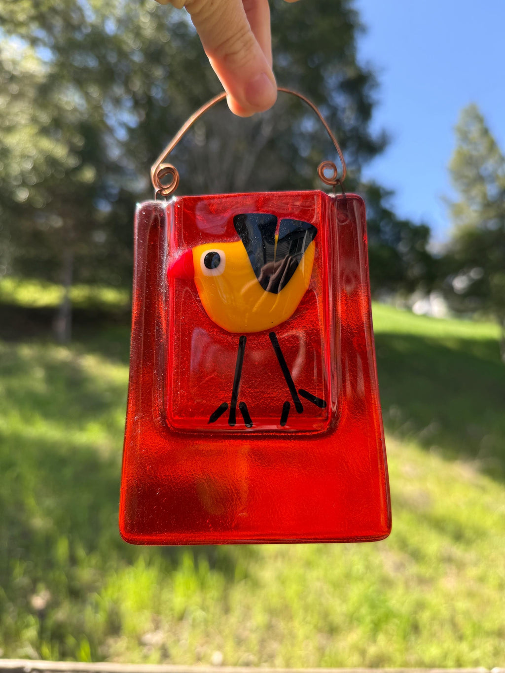 Pair of Handblown Glass Bird Suncatchers – One Pocketed for Water & Fresh Flowers – Twisted Copper Wire Hanger