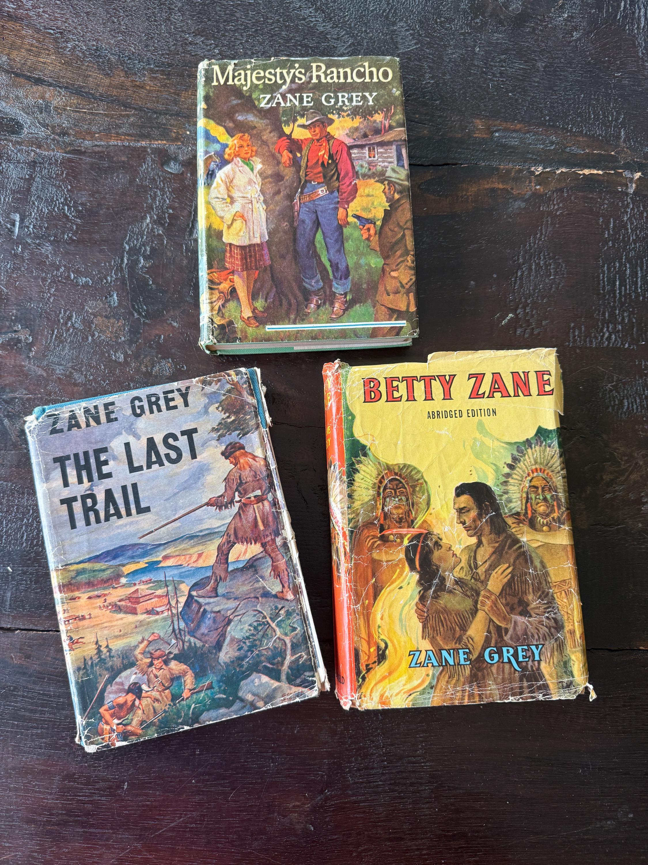 Vintage Zane Grey Western Book Set – Majesty’s Rancho, The Last Trail, Betty Zane – Dust Jackets Worn – Classic Western Reads