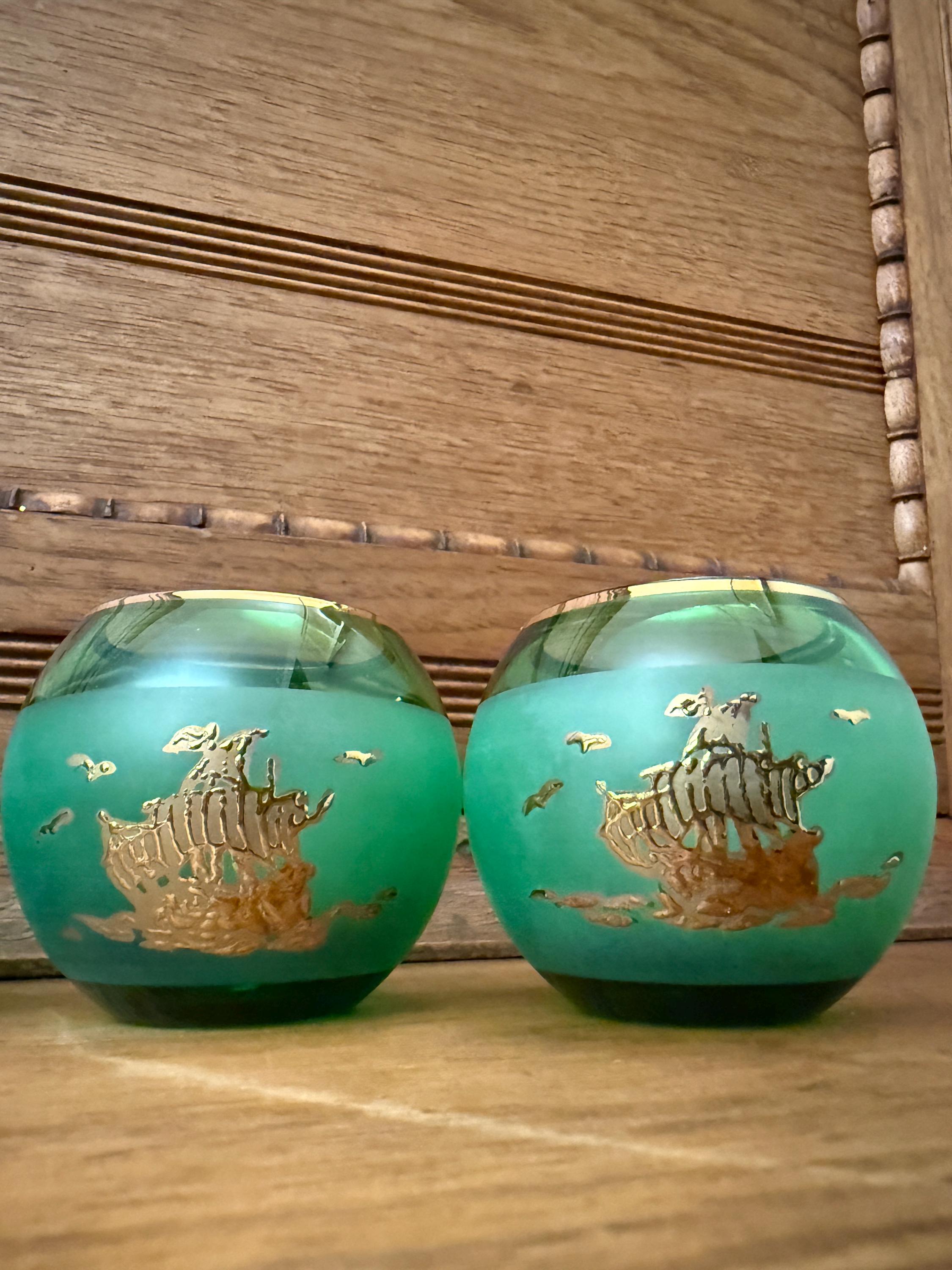Vintage Bohemian Green Crystal Votive with Gold Embossed Ship –