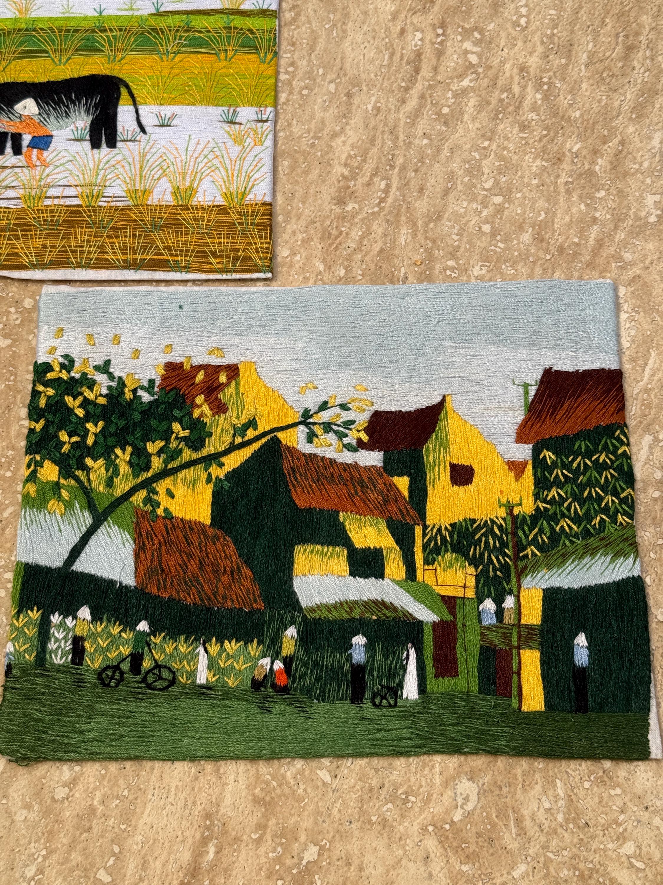Set of 2 Handmade Embroidered Art Pieces – Harvest & Town Scene – Intricate Thread Detail on Cloth, Ready to Frame