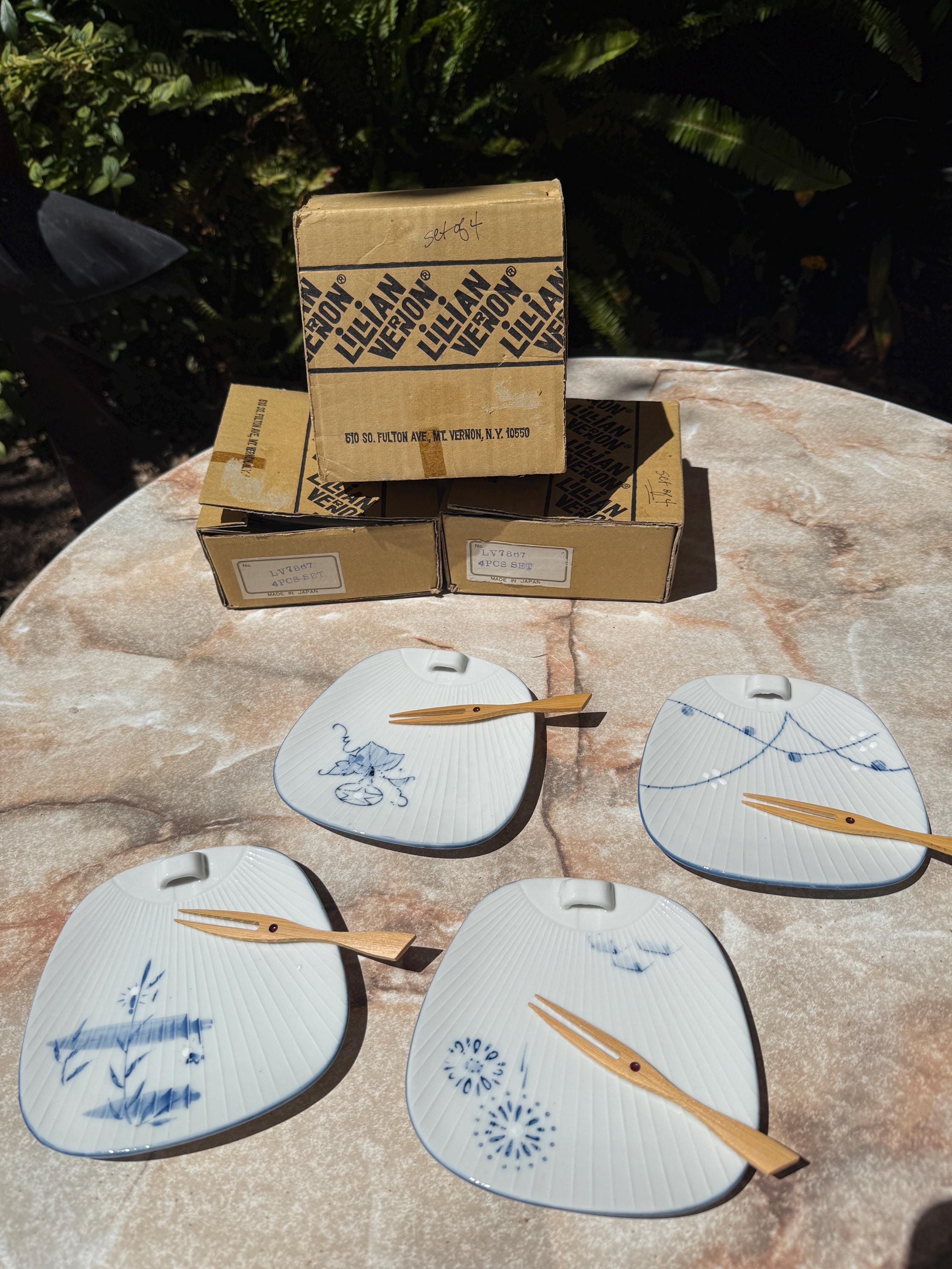 Vintage Lillian Vernon Japan Appetizer Plates – Set of 4 with Bamboo Forks (Style #LV7887) – Original Boxes