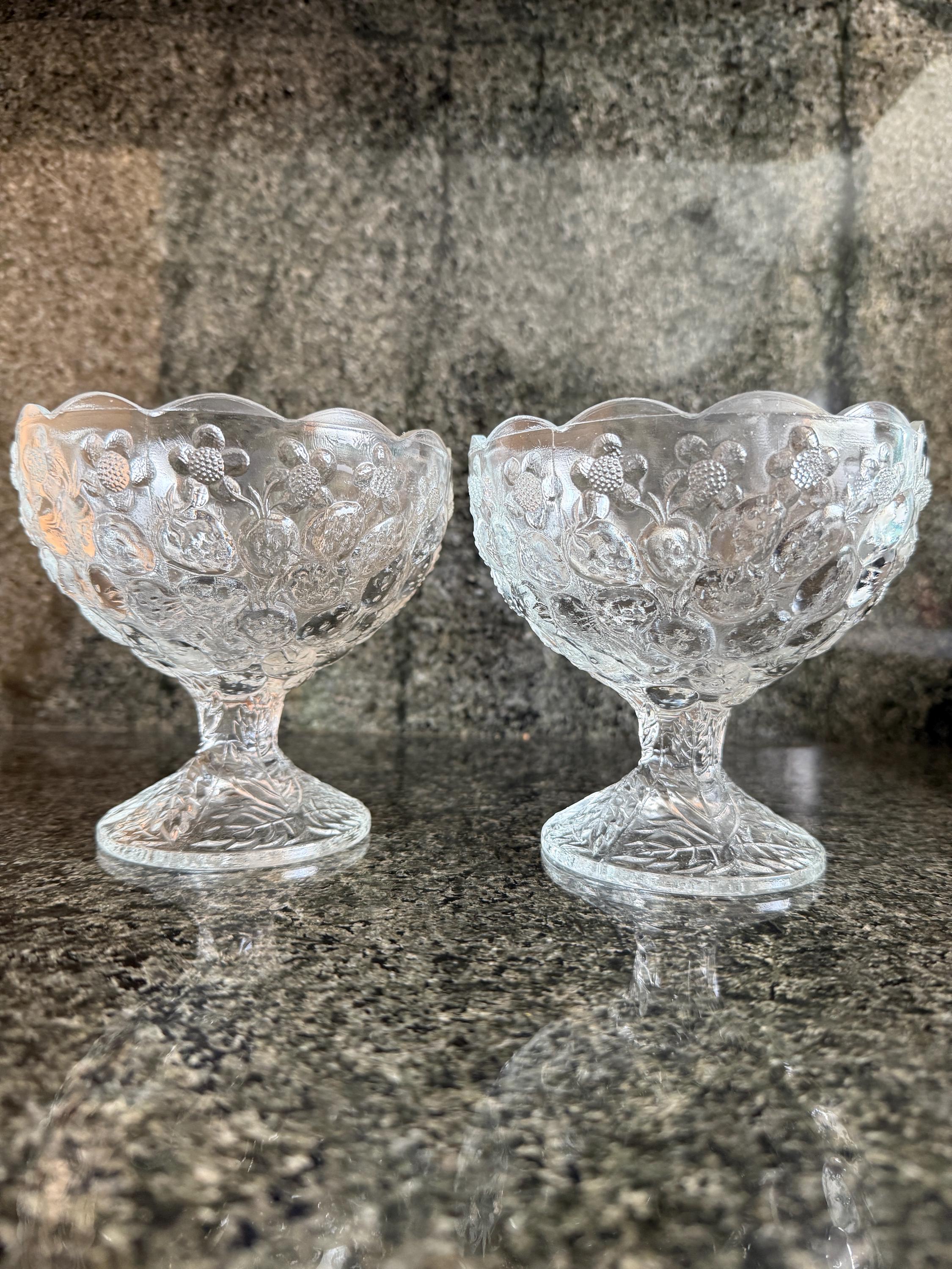 Vintage MCM Pressed Glass Fruit Bowls – Pair with Strawberry & Floral Detail, Scalloped Edge, 5x5