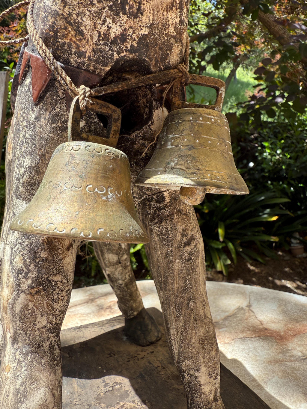 Handmade Carved Wooden Horse/Donkey Statue with Bells – Folk Art from Guatemala – Rustic Decor