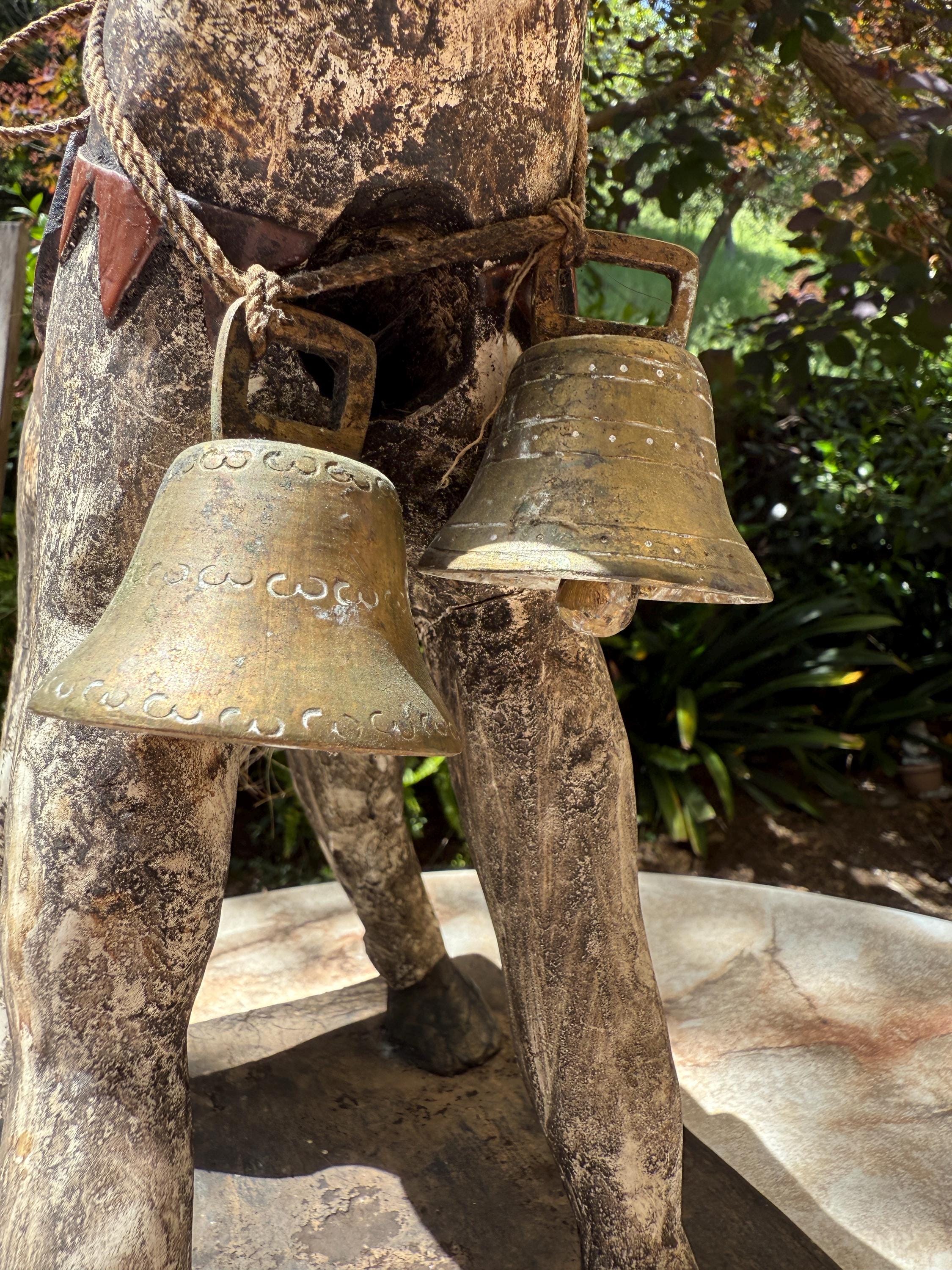 Handmade Carved Wooden Horse/Donkey Statue with Bells – Folk Art from Guatemala – Rustic Decor