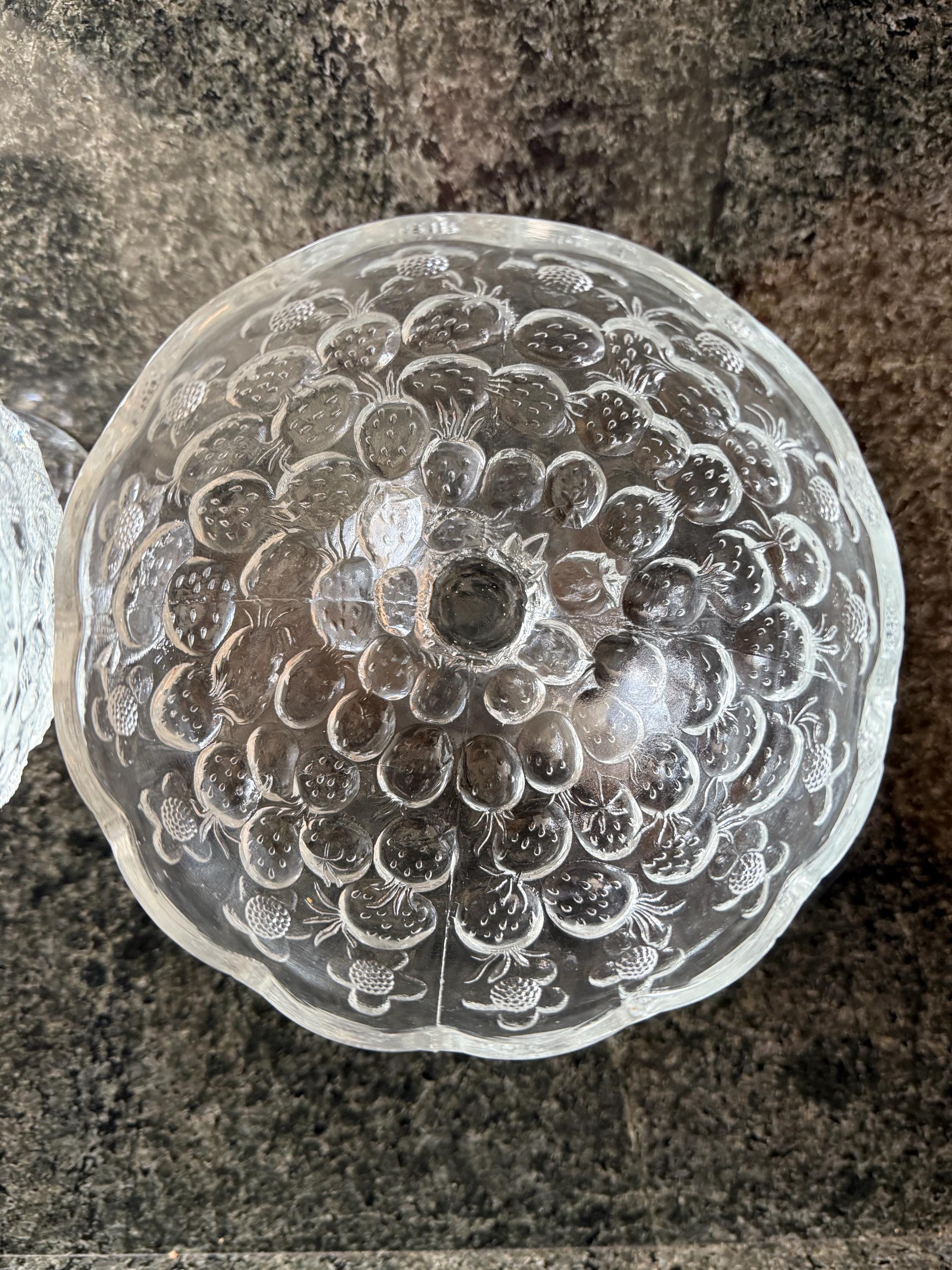 Vintage MCM Pressed Glass Fruit Bowls – Pair with Strawberry & Floral Detail, Scalloped Edge, 5x5