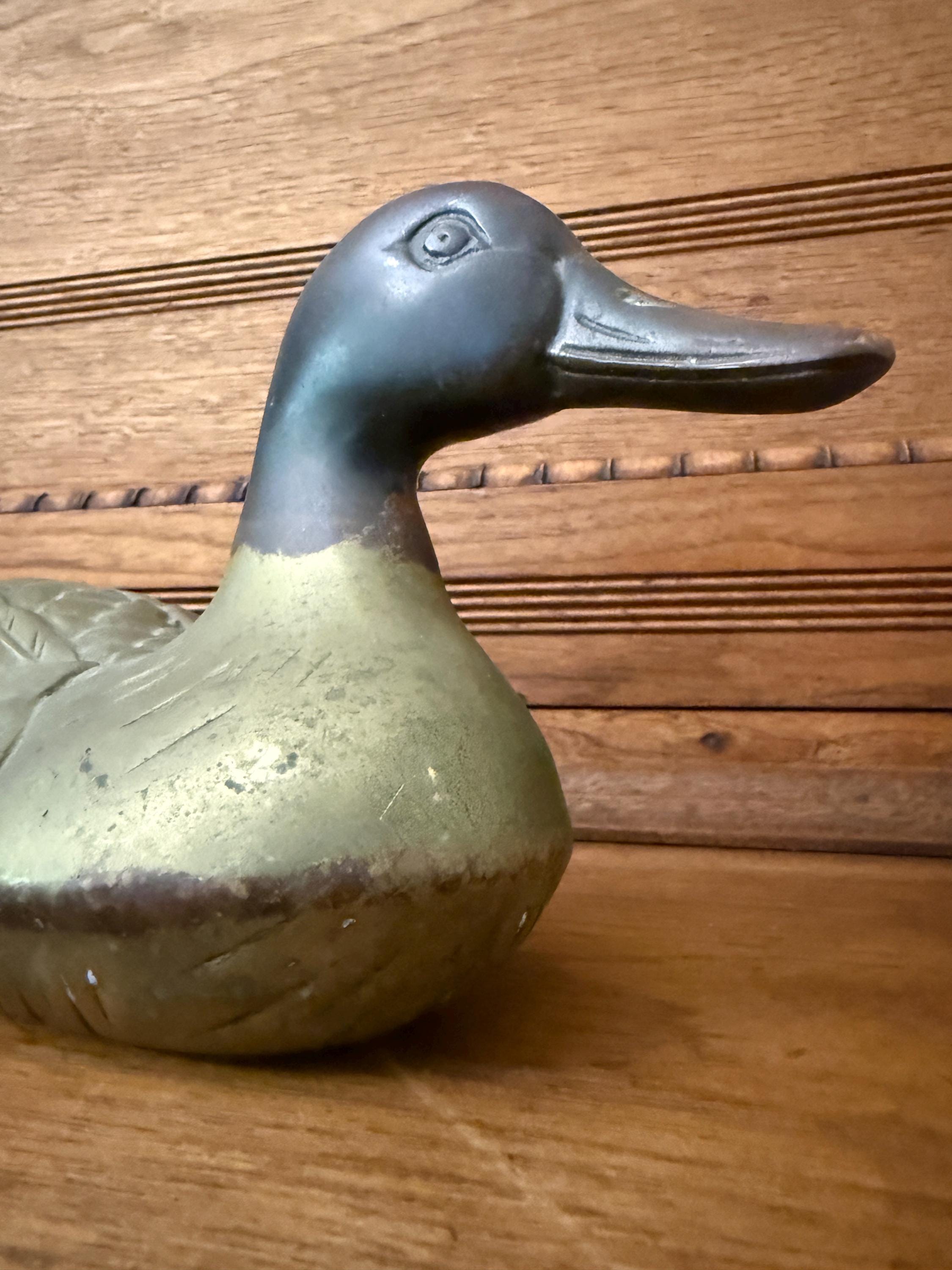 Vintage Brass Duck | 7lb Oxidized Brass Mallard Sculpture | Rustic Farmhouse Decor | Duck Paperweight | Collectible Brass Bird