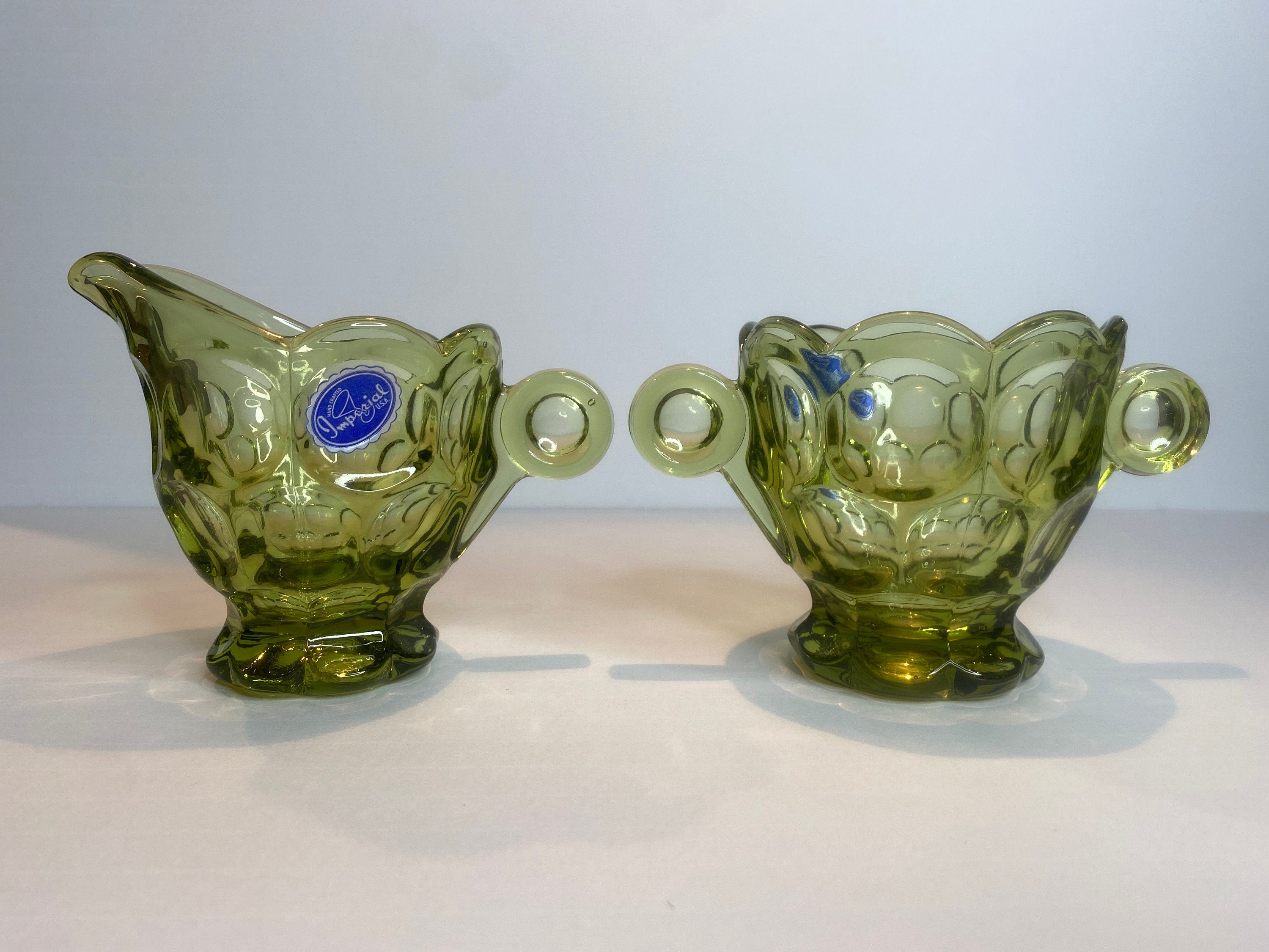 Vintage Imperial Glass Company- Original factory sticker- Verde Provincial Green Hlass- Cream and Sugar Set