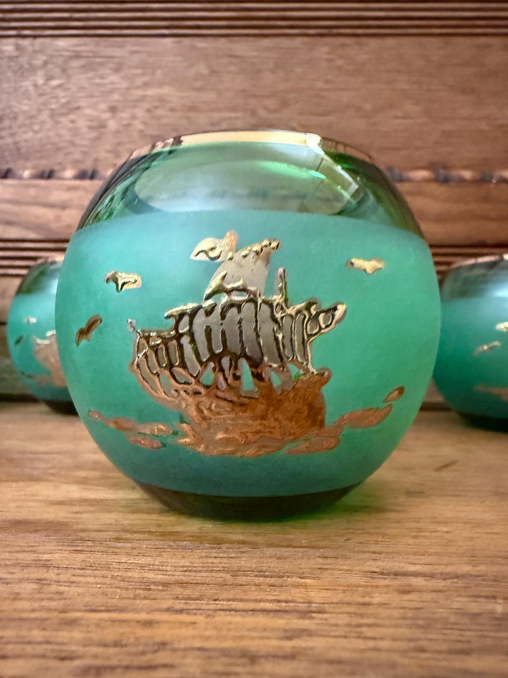 Vintage Bohemian Green Crystal Votive with Gold Embossed Ship –