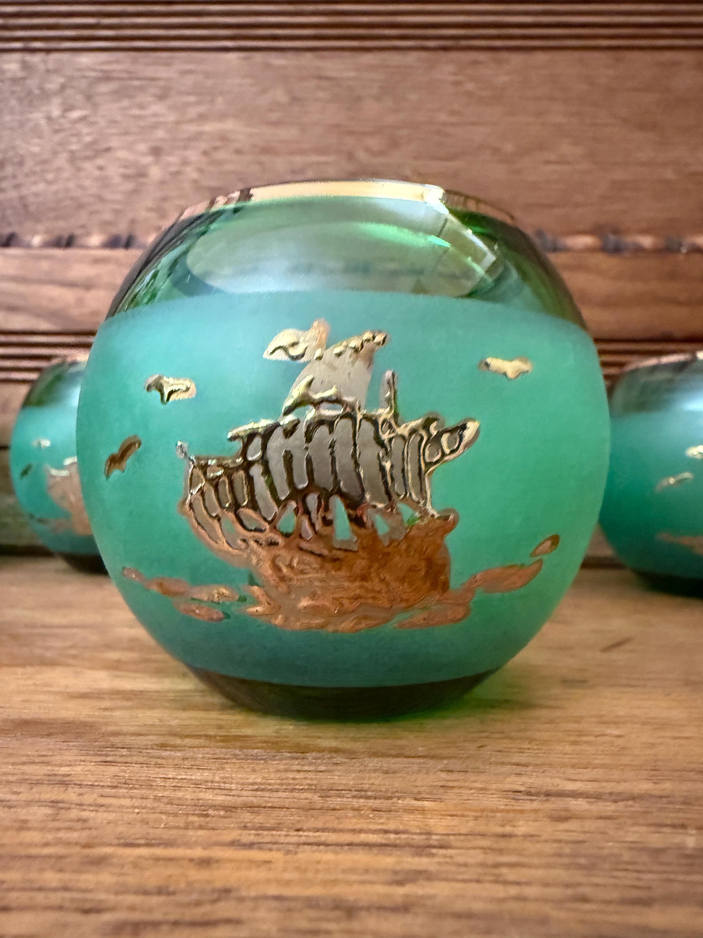 Vintage Bohemian Green Crystal Votive with Gold Embossed Ship –