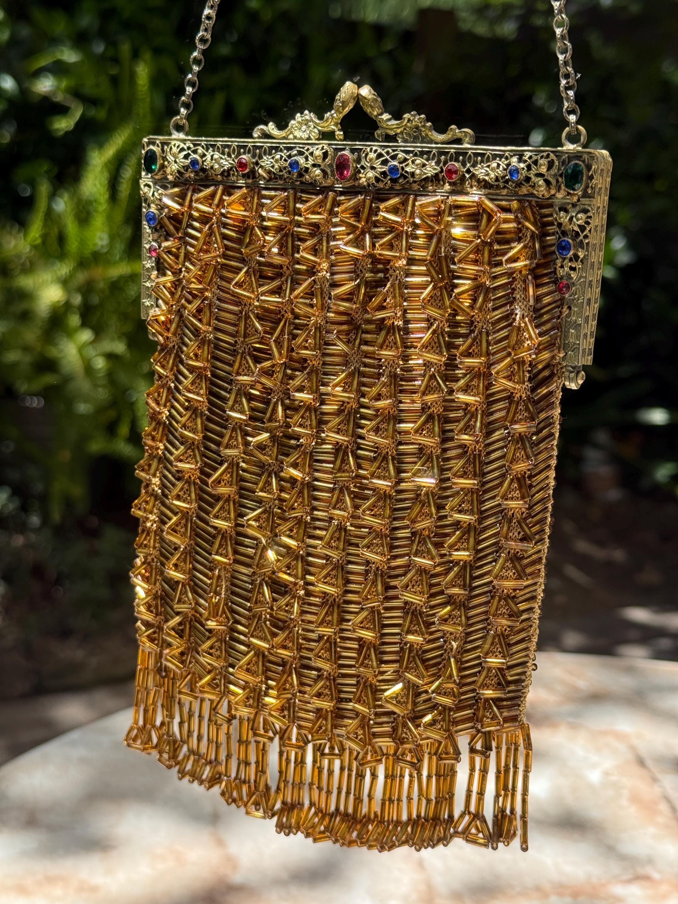Art Deco Beaded Fringe Evening Bag with Ornate Brass Frame & Silk Interior – 1920s Vintage Glamour
