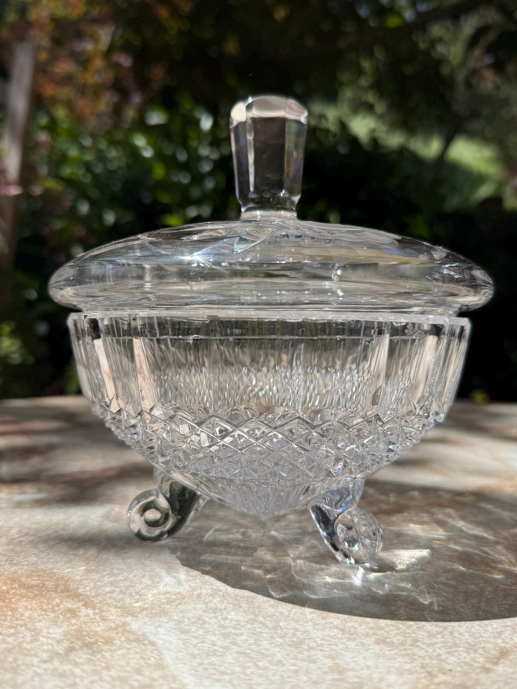 Vintage Bohemian Cut Crystal Candy Dish with Rose Pressed Lid – Mismatched Charm