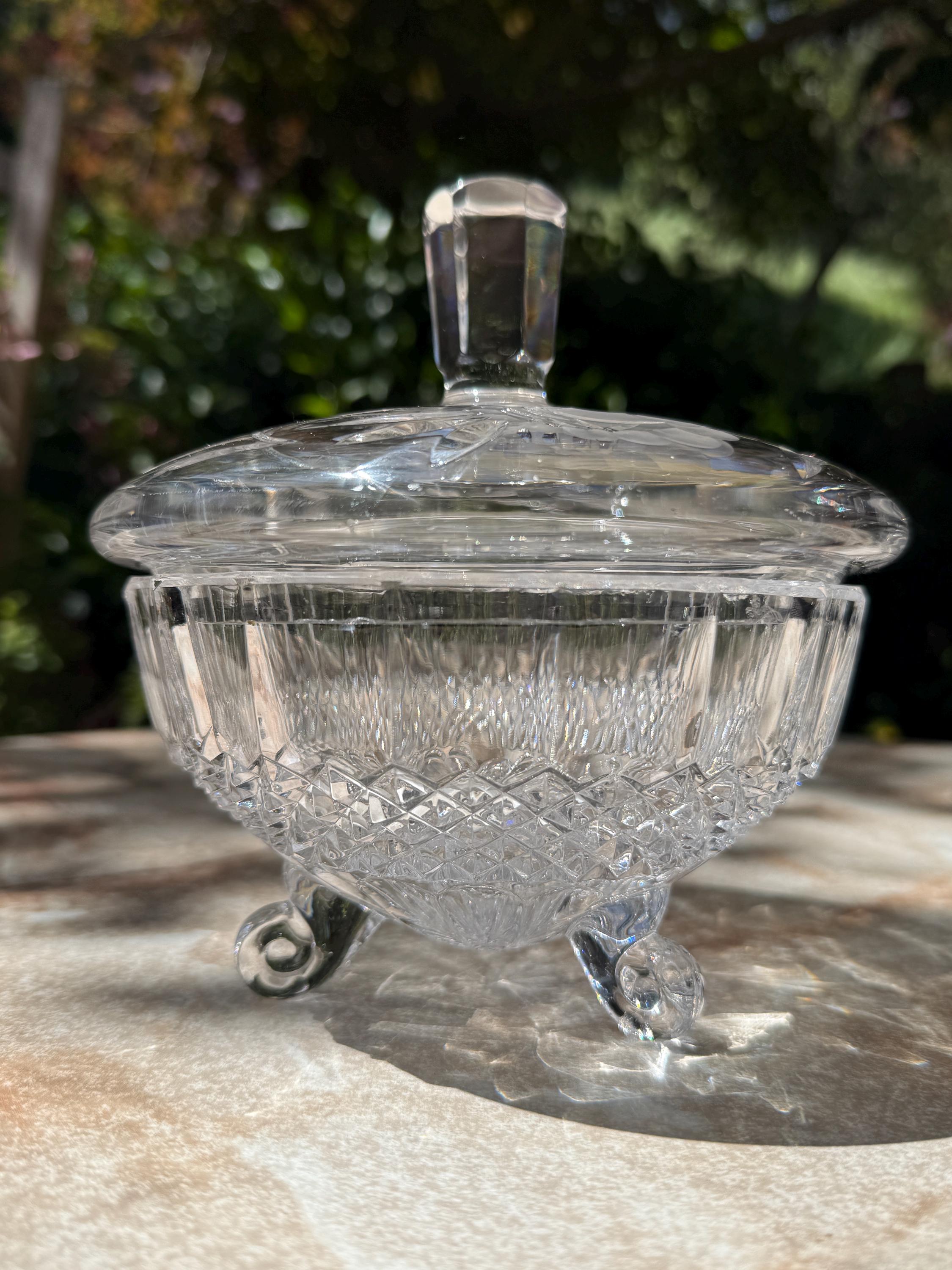 Vintage Bohemian Cut Crystal Candy Dish with Rose Pressed Lid – Mismatched Charm