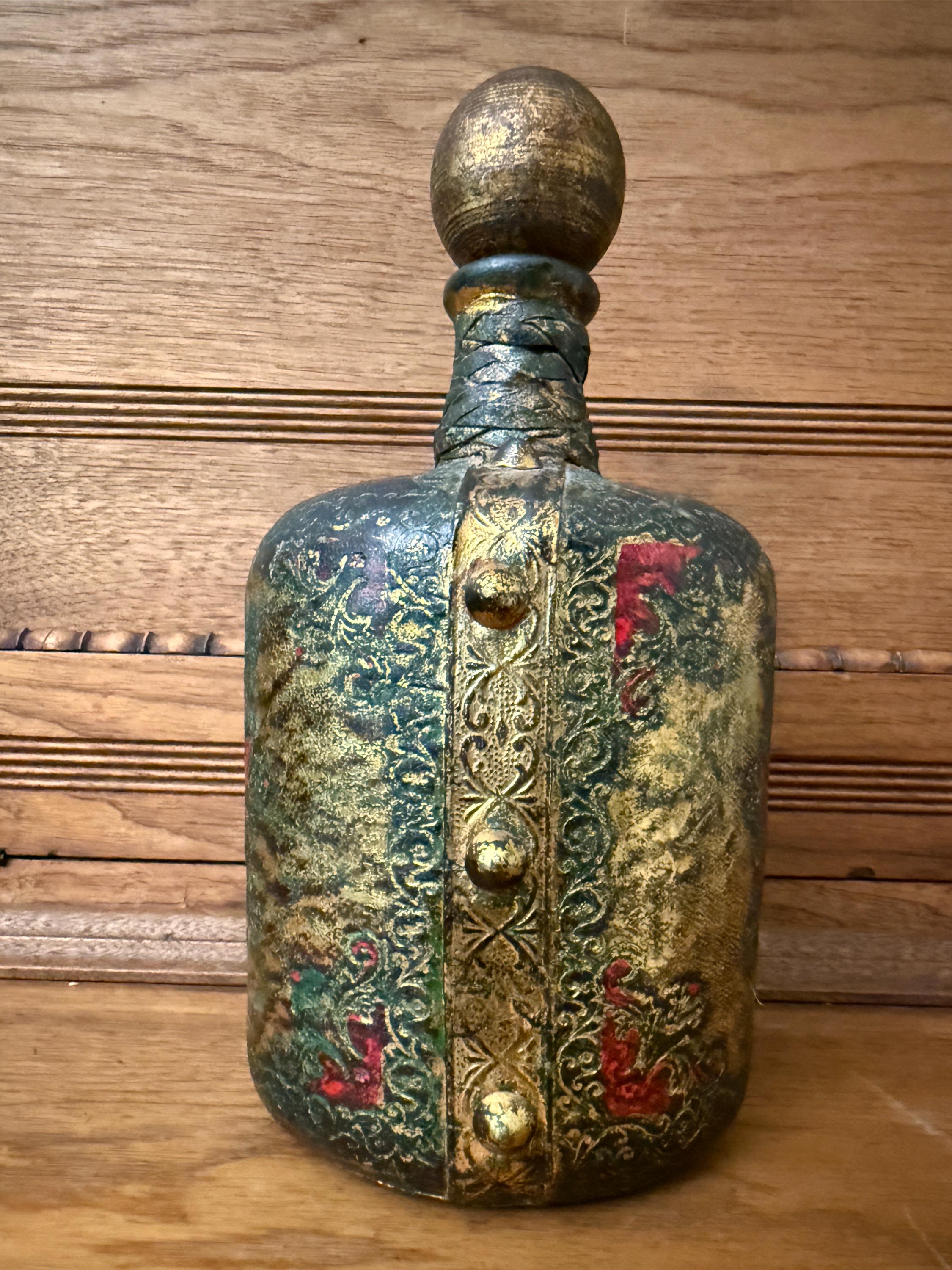 Vintage Leather Wrapped Green Glass Bottle Decanter – Embossed Fleur-de-Lis Design – 11” Tall