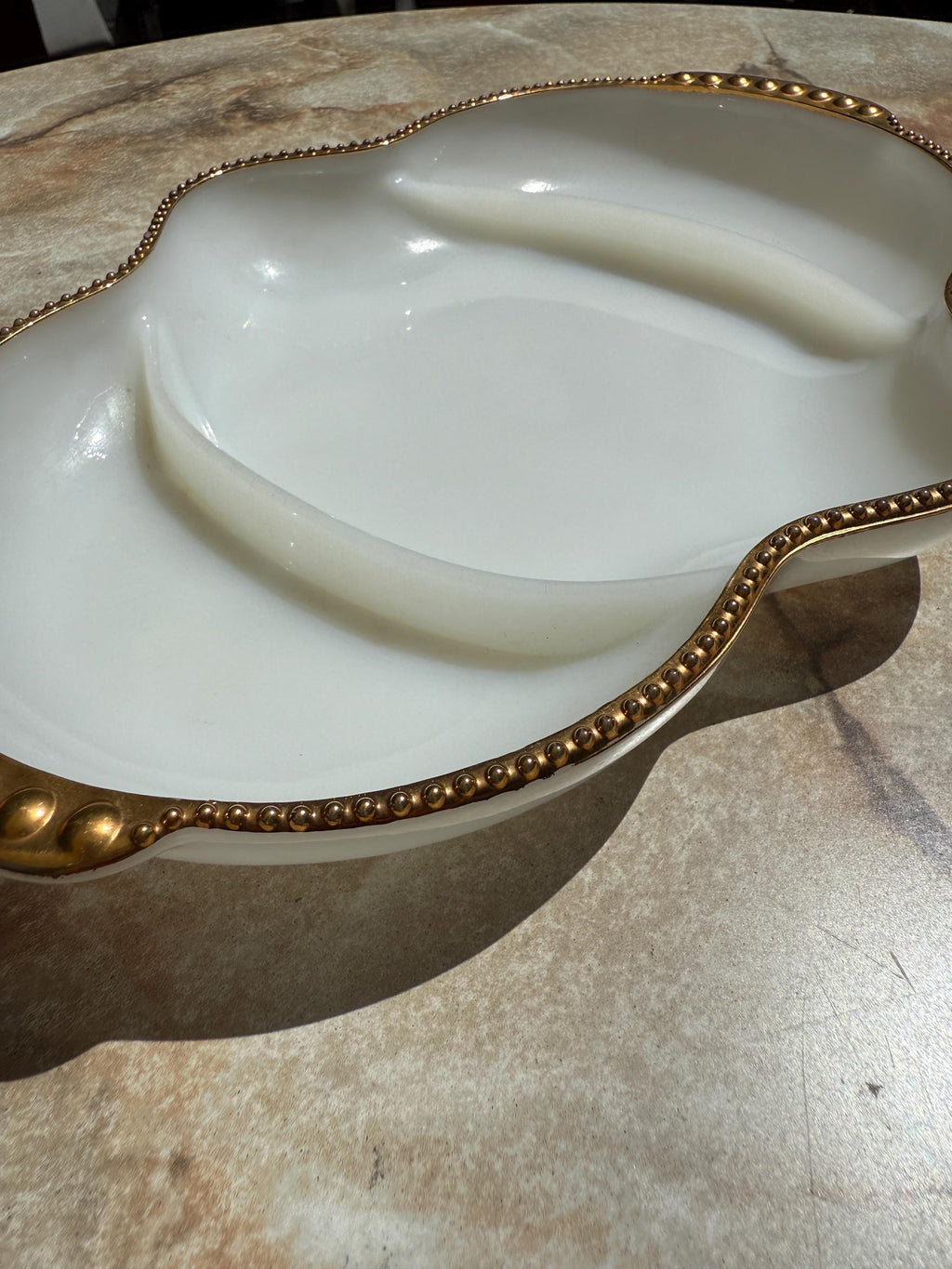 Fire King Milk Glass Divided Dish – Gold Rim, 11” Vintage Anchor Hocking Serving Tray