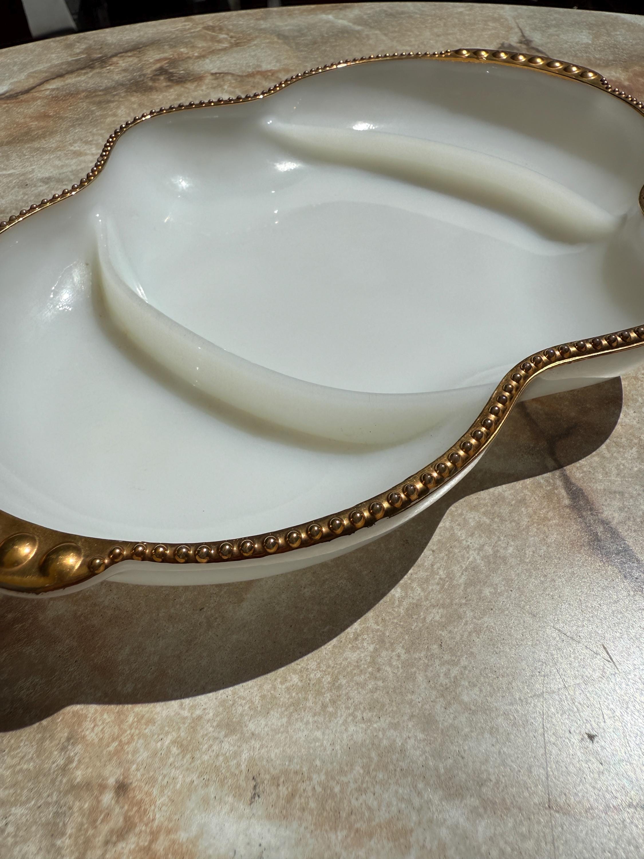 Fire King Milk Glass Divided Dish – Gold Rim, 11” Vintage Anchor Hocking Serving Tray
