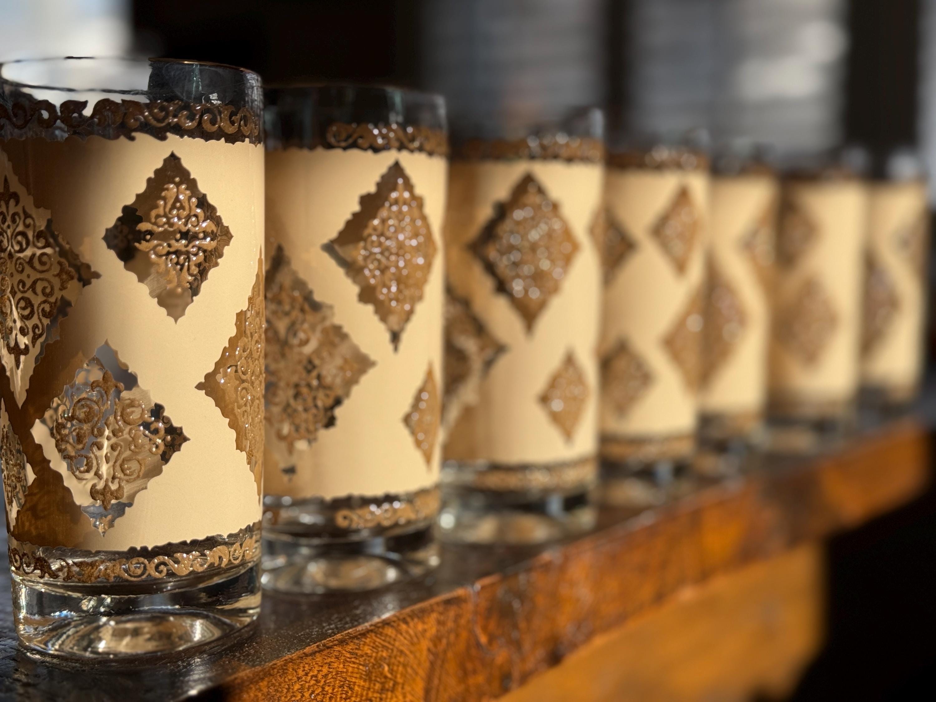 Set of 7 Rare Vintage Cora Cera Painted Scroll Embossed Highball Bar Glasses – Mid-Century Modern Elegance