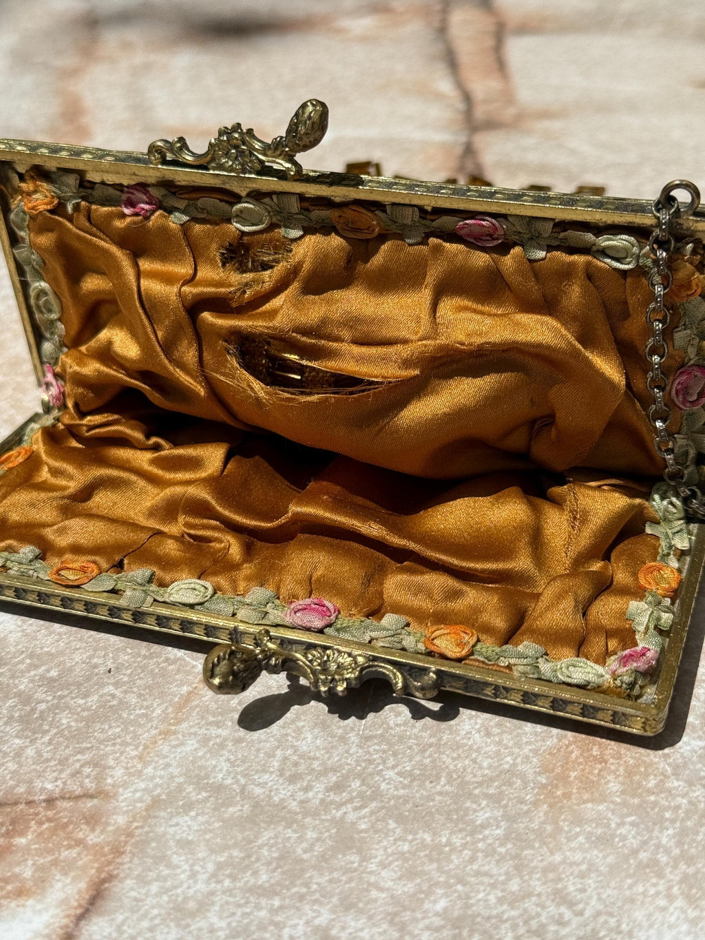 Art Deco Beaded Fringe Evening Bag with Ornate Brass Frame & Silk Interior – 1920s Vintage Glamour