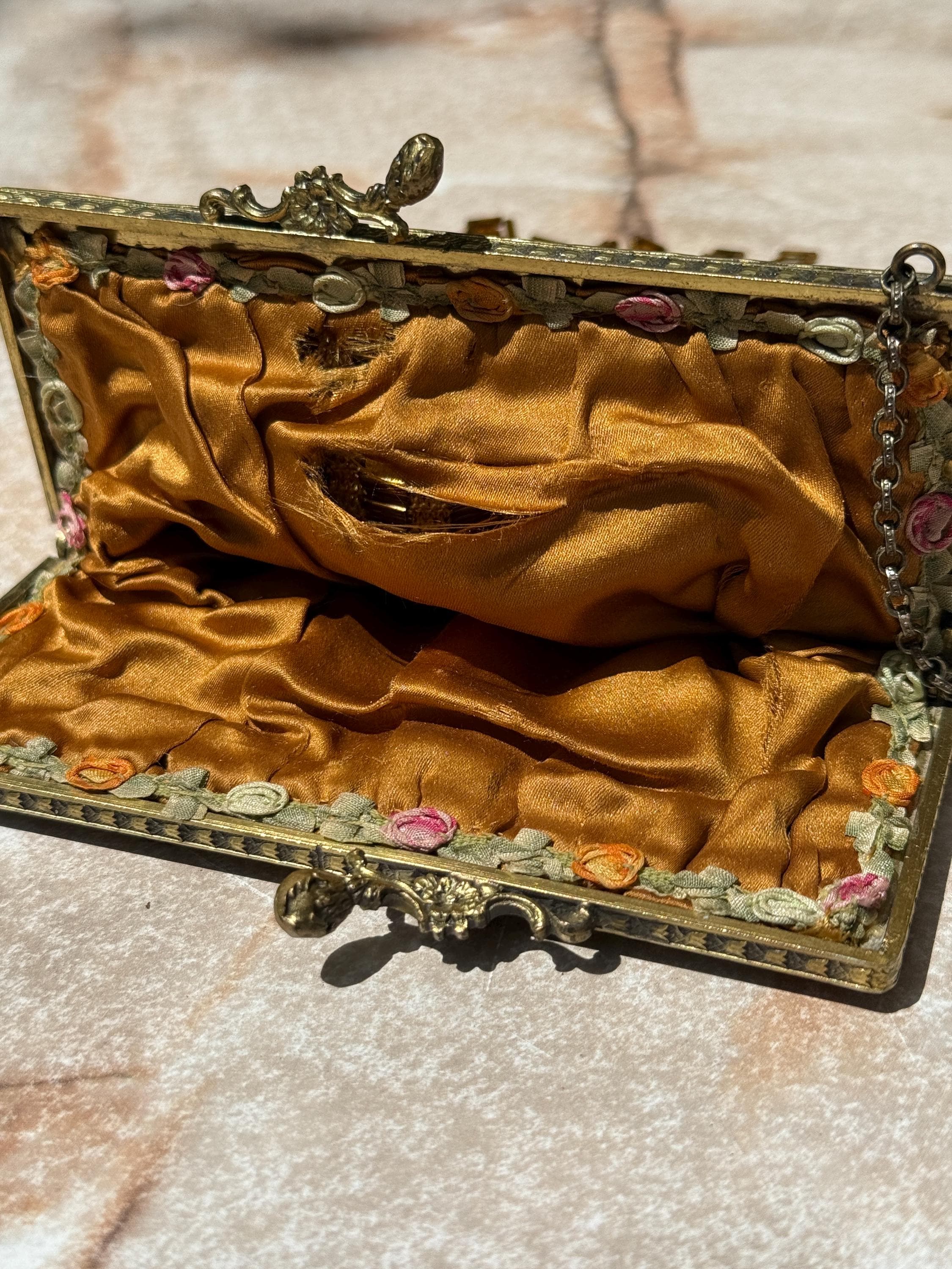 Art Deco Beaded Fringe Evening Bag with Ornate Brass Frame & Silk Interior – 1920s Vintage Glamour