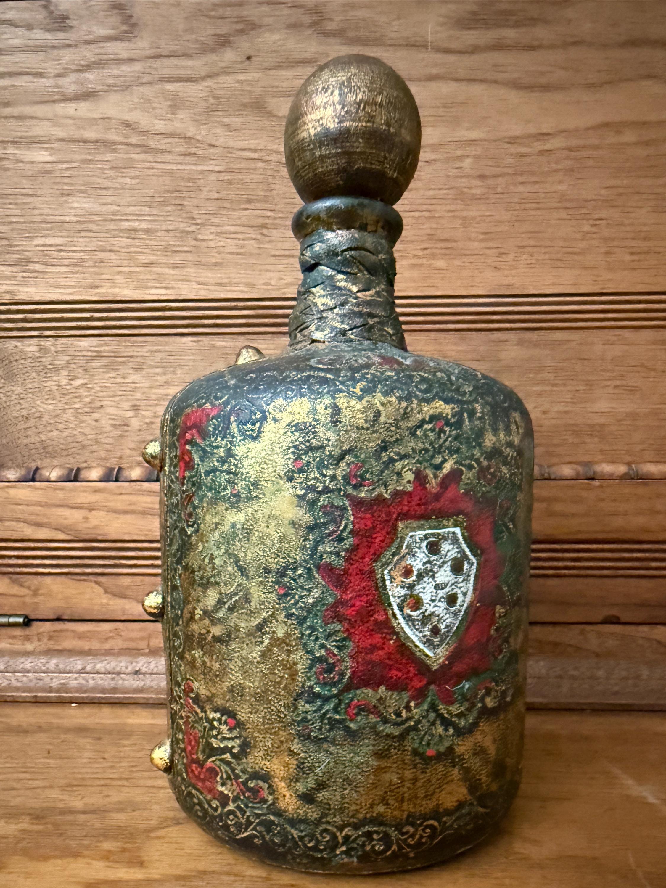 Vintage Leather Wrapped Green Glass Bottle Decanter – Embossed Fleur-de-Lis Design – 11” Tall