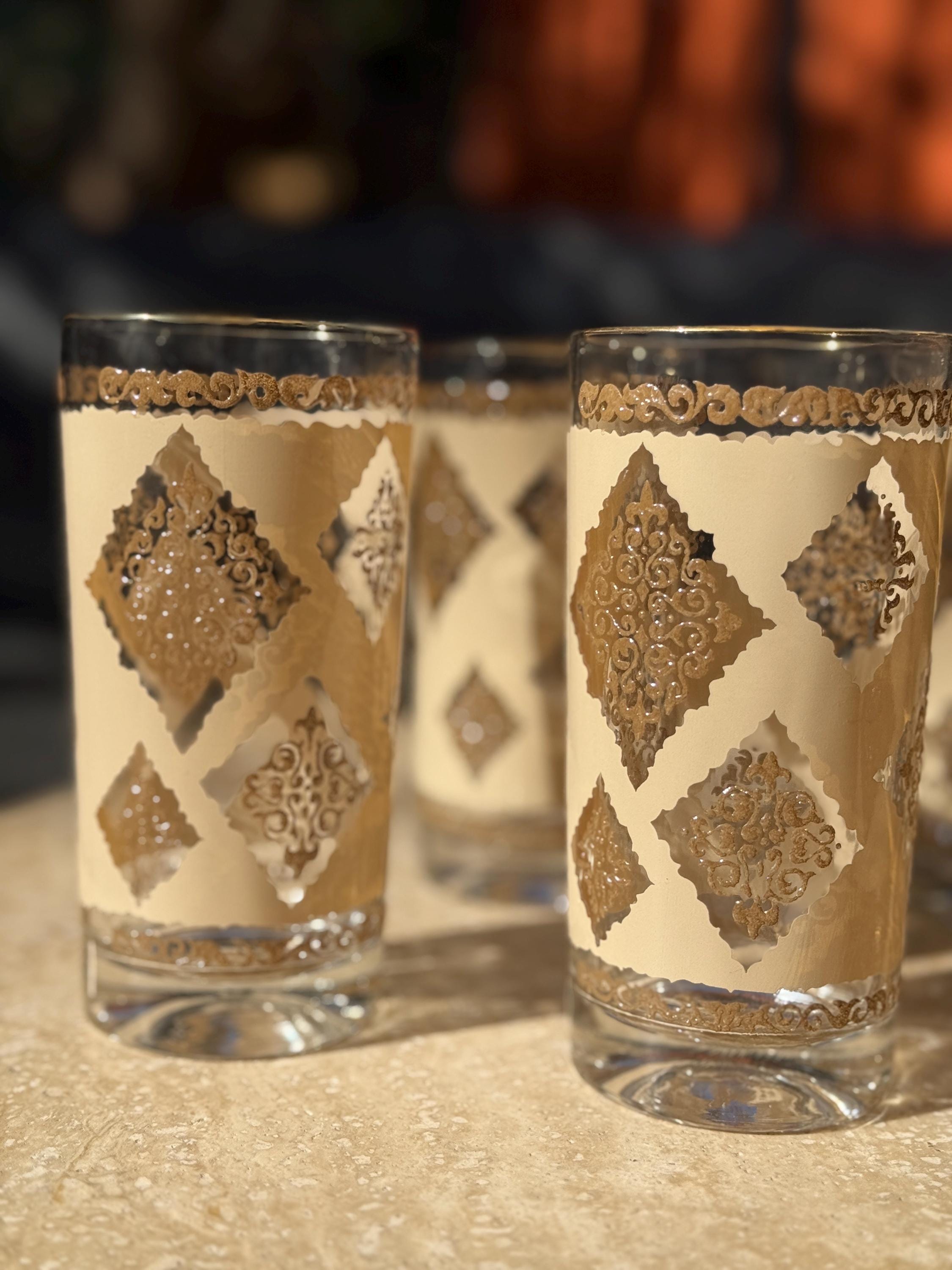 Set of 7 Rare Vintage Cora Cera Painted Scroll Embossed Highball Bar Glasses – Mid-Century Modern Elegance