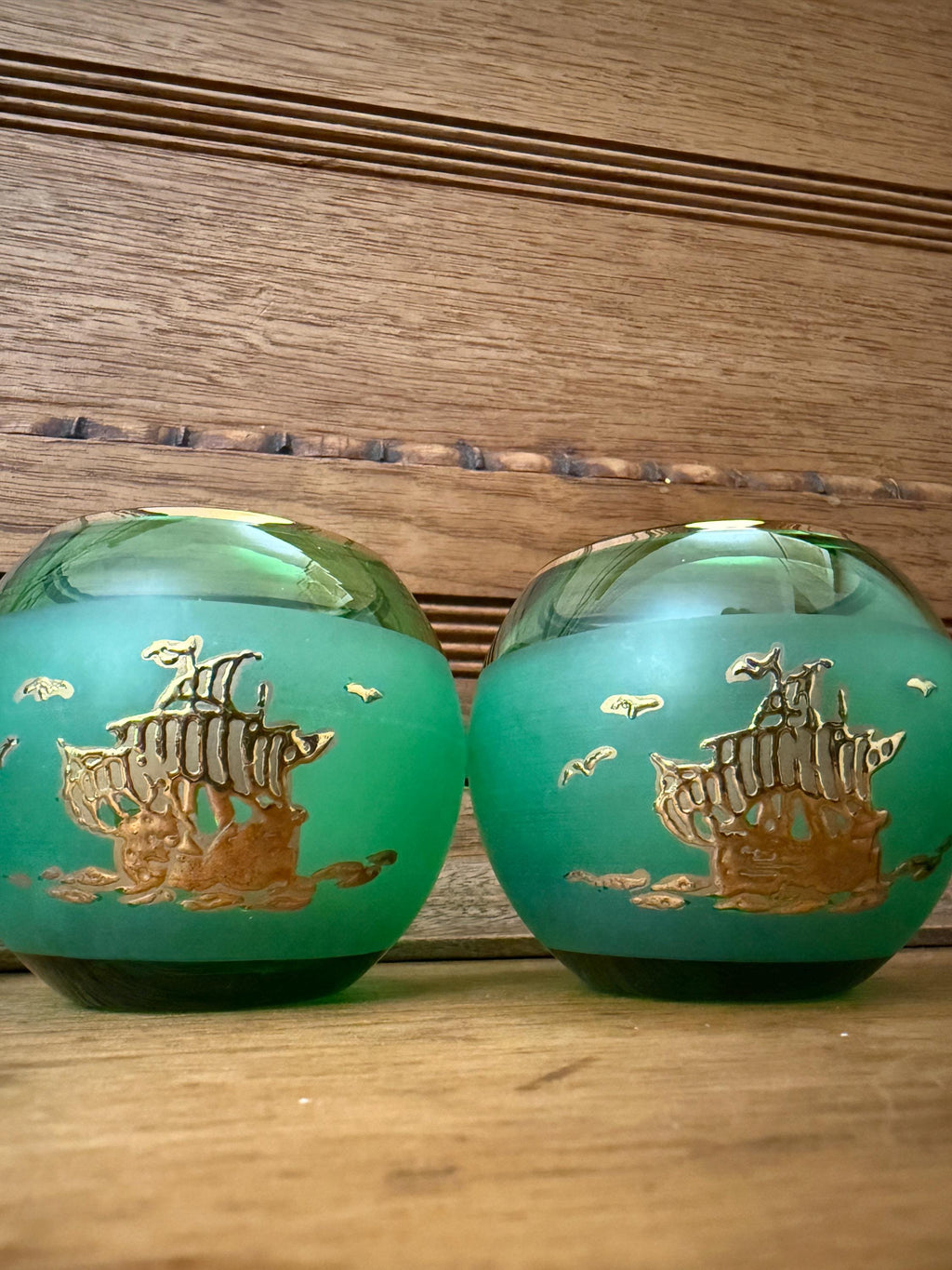 Vintage Bohemian Green Crystal Votive with Gold Embossed Ship –
