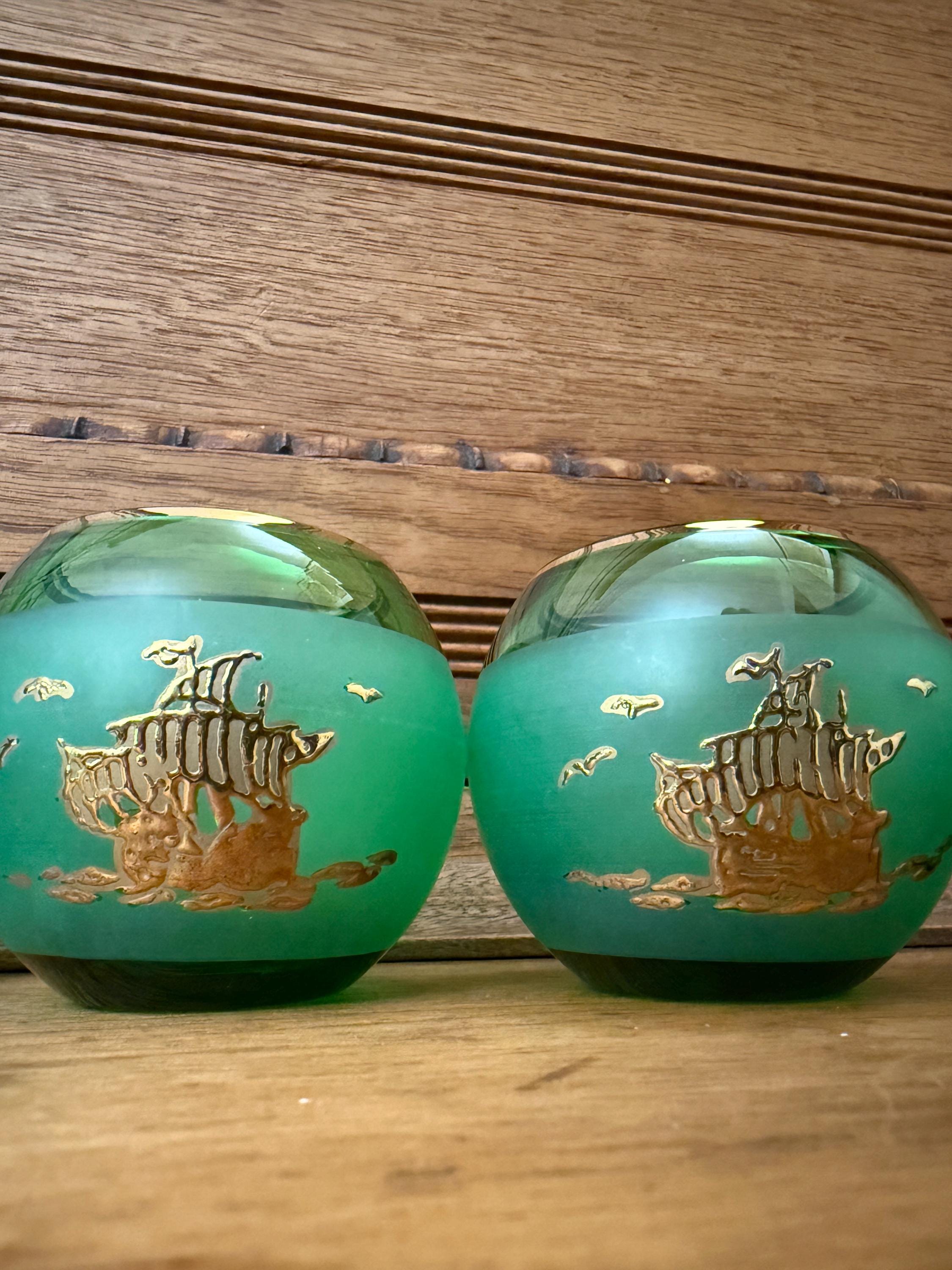 Vintage Bohemian Green Crystal Votive with Gold Embossed Ship –