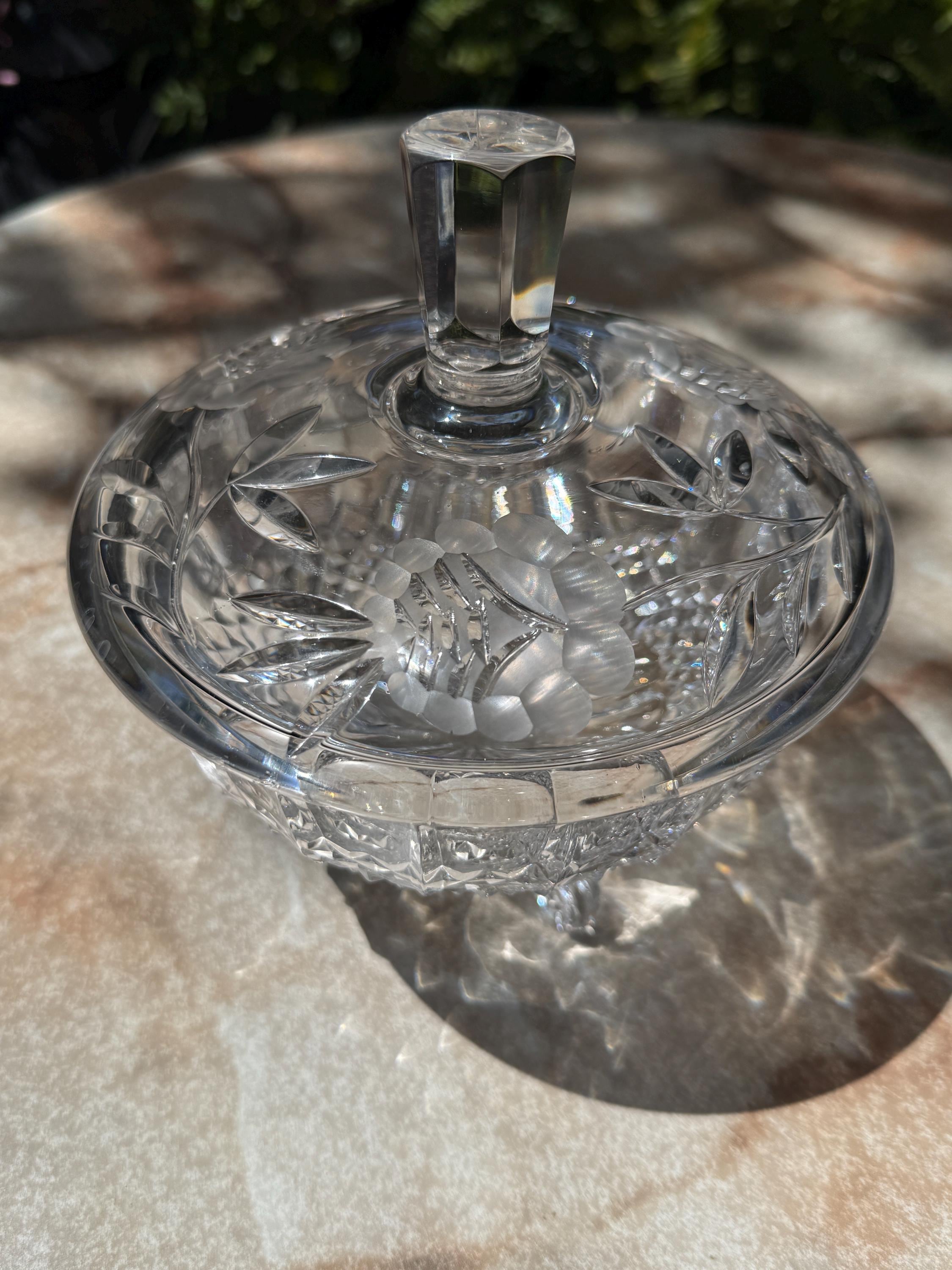 Vintage Bohemian Cut Crystal Candy Dish with Rose Pressed Lid – Mismatched Charm