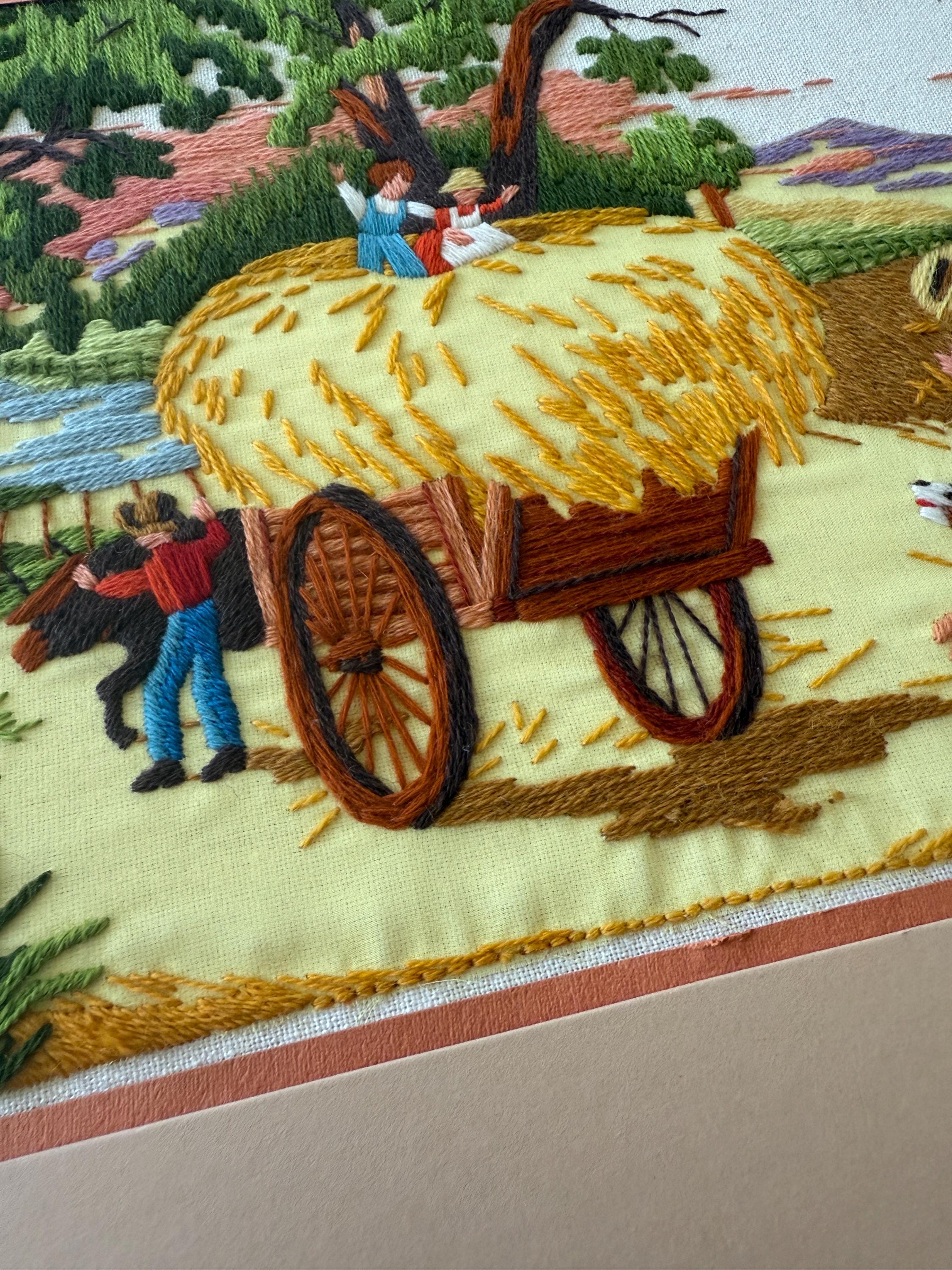 Vintage Framed Crewel Embroidery Art – Handmade Needlework – Harvest
