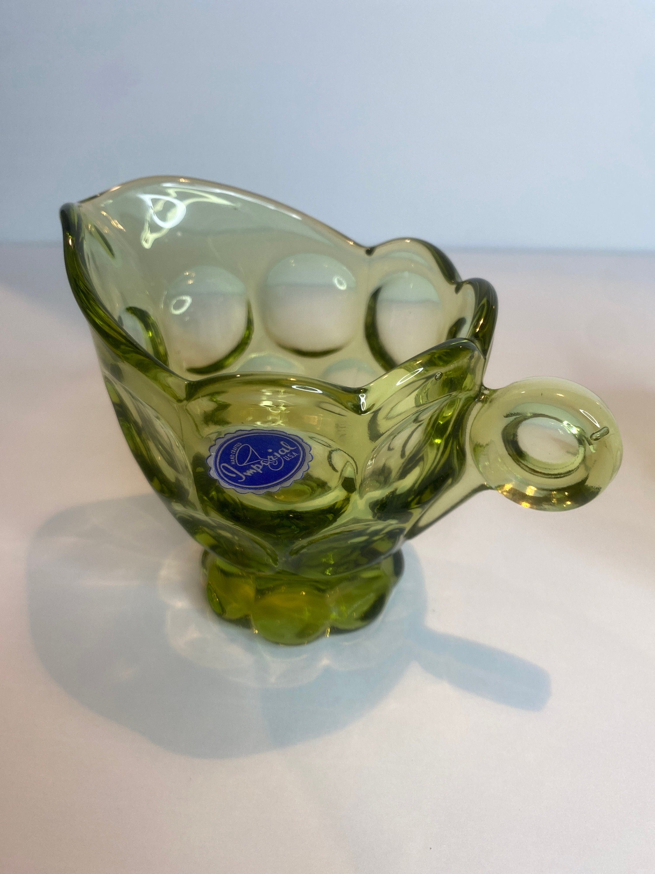 Vintage Imperial Glass Company- Original factory sticker- Verde Provincial Green Hlass- Cream and Sugar Set
